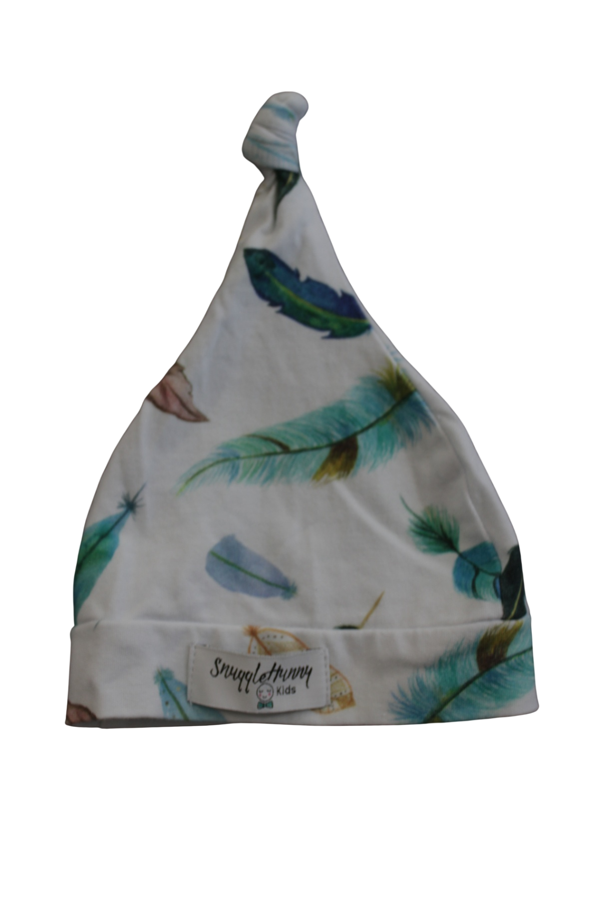 Snuggle Hunny Baby Hat, White with multicolour feathers pattern,