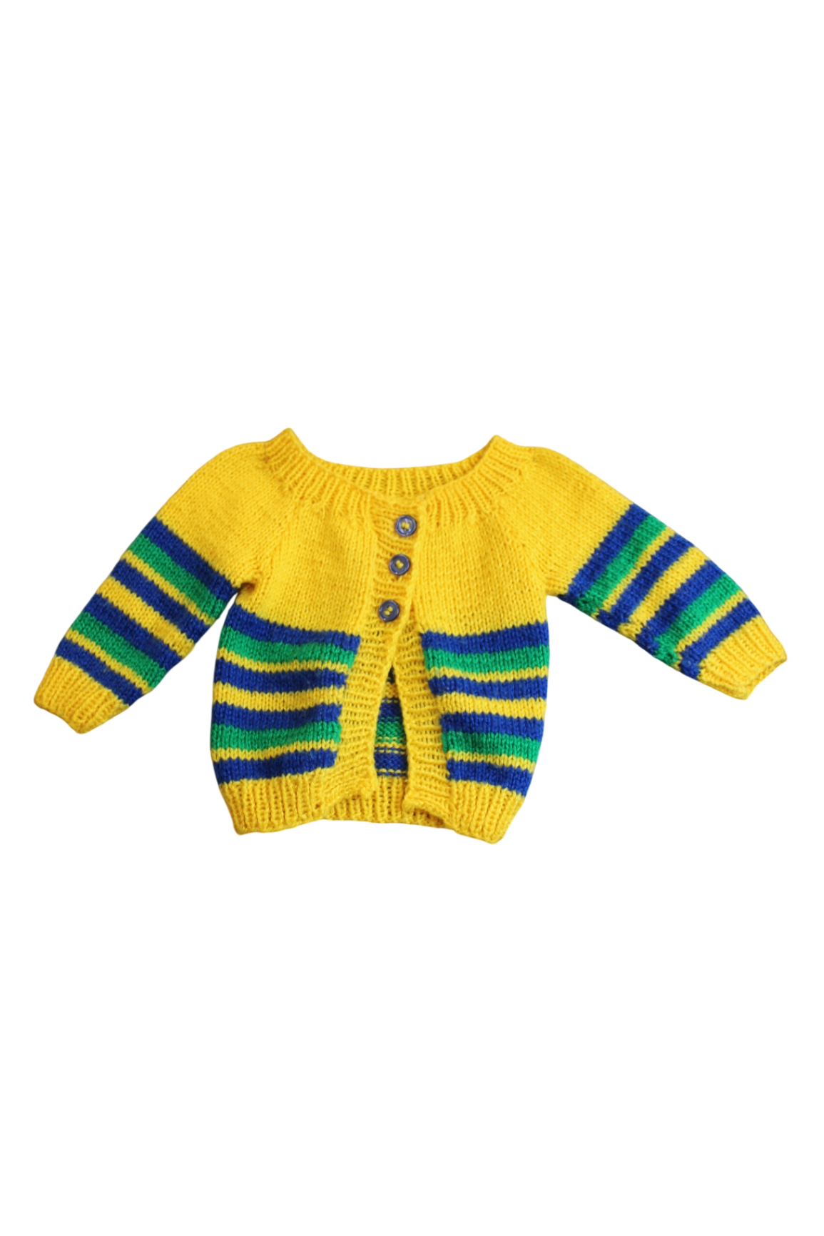 Handknit Cardigan, Yellow with green and blue stripes, 00