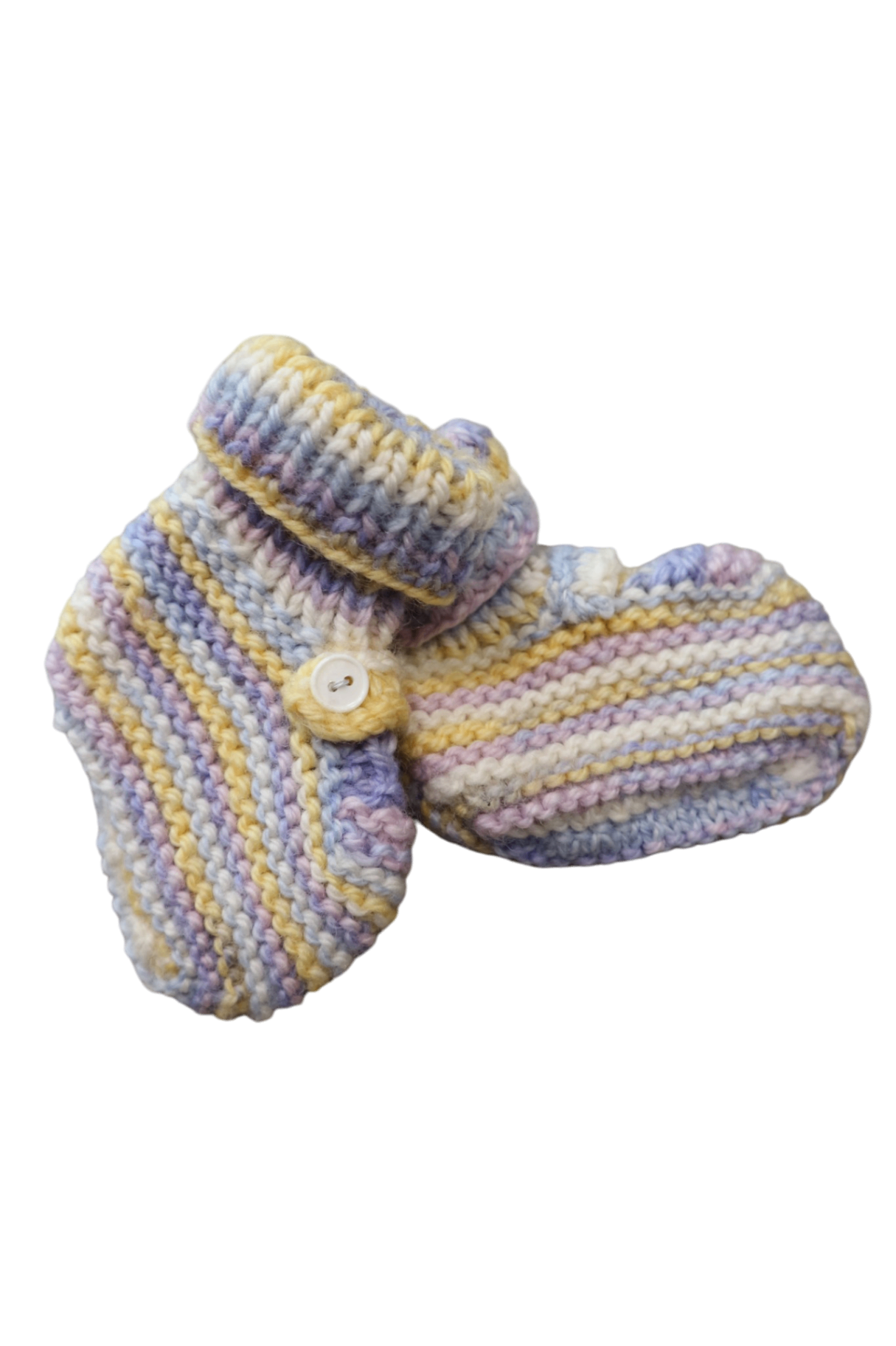 Handknit Booties, Pastel blue, yellow, pink and purple, 00