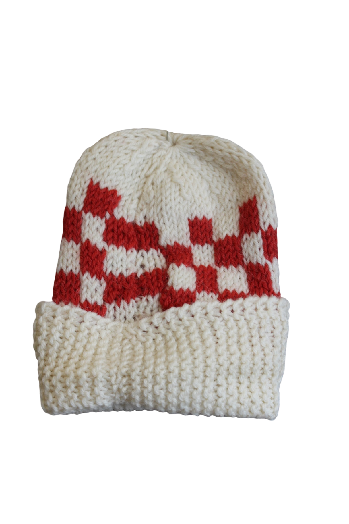 Hand knit Baby Hat, Cream and red, 00-0