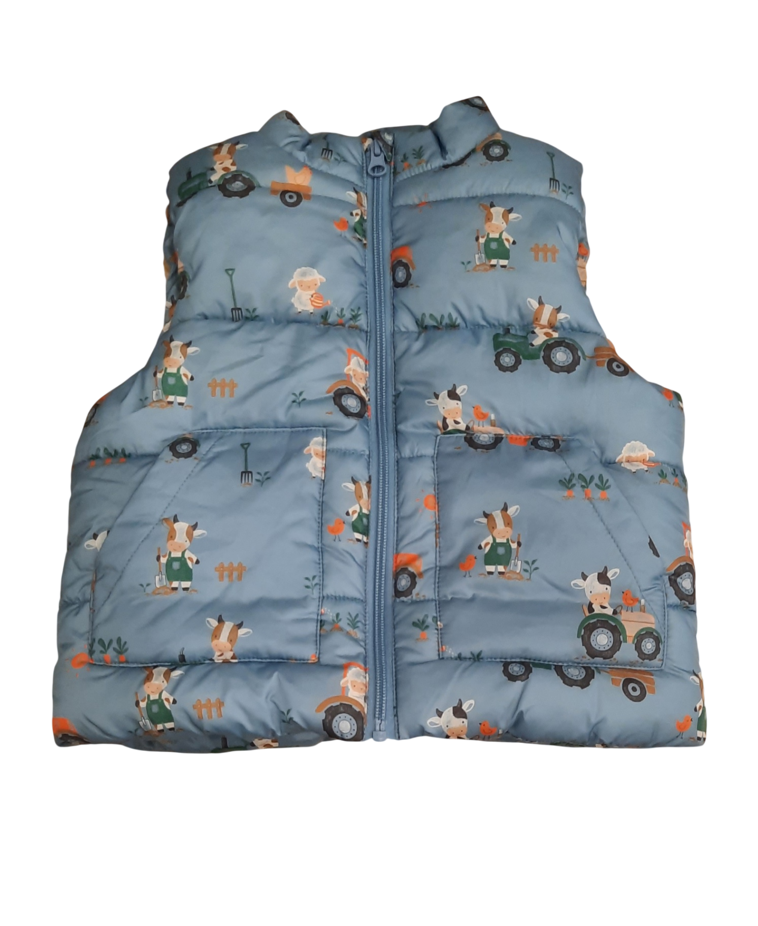 Purebaby Puffer Vest, Blue/farmer cow print/sherling lined, 4