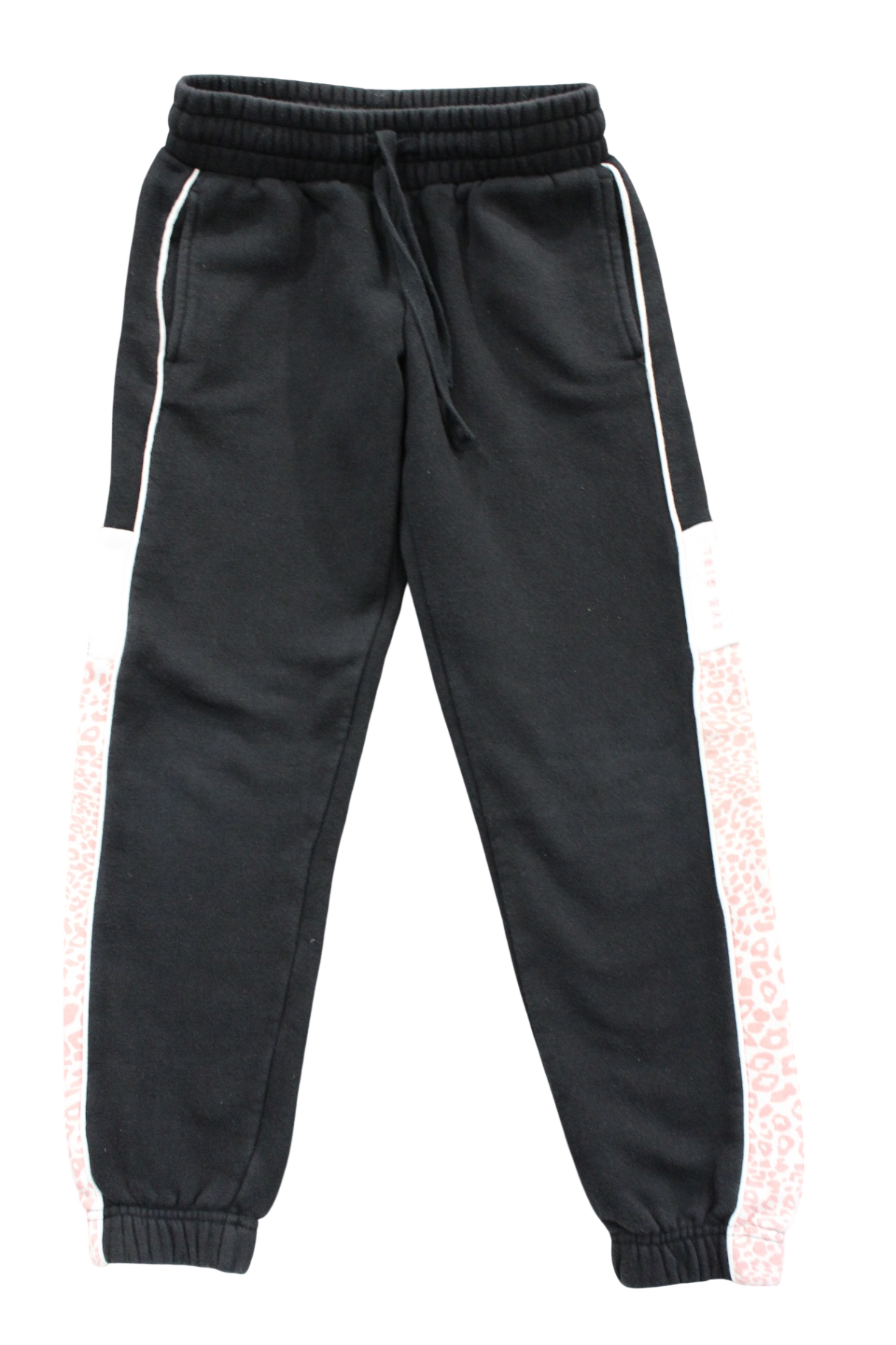 Eve Girl Trackpants, Black with white and pale pink leopard, 8