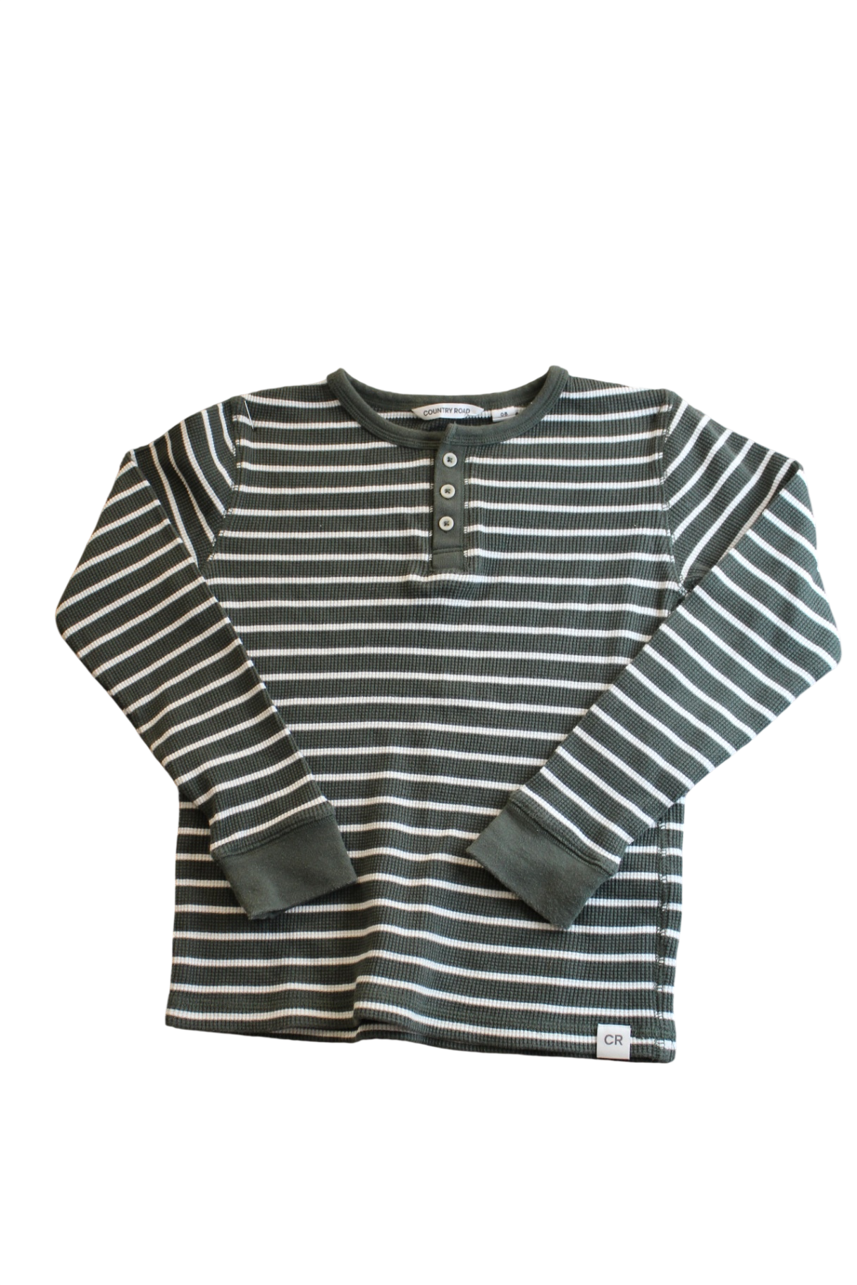 Country Road Long-Sleeve T-Shirt, Dark green and white stripe/Waffle, 8