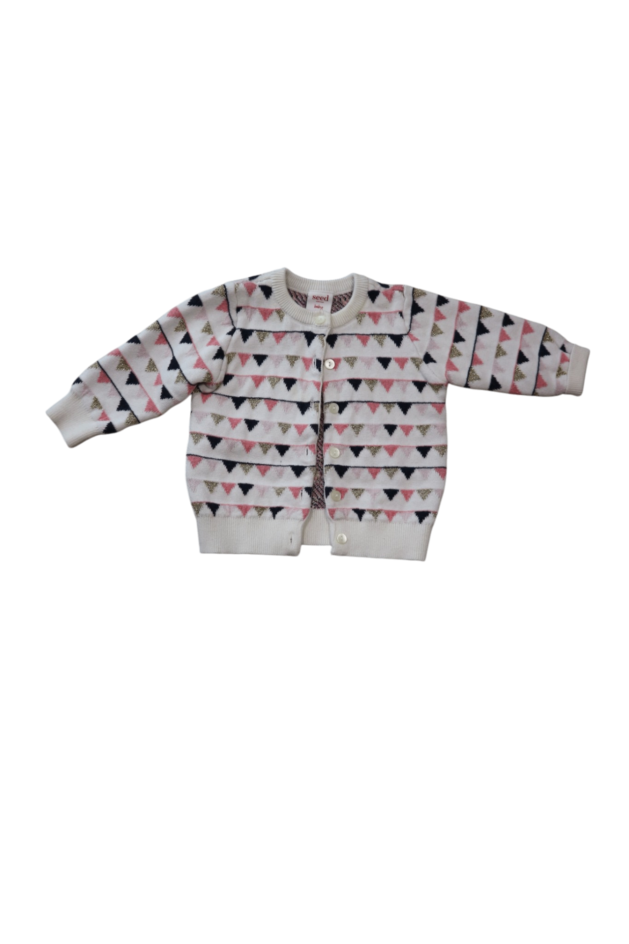 Seed Cardigan, Cream Pink Navy Blue Gold accents, 00