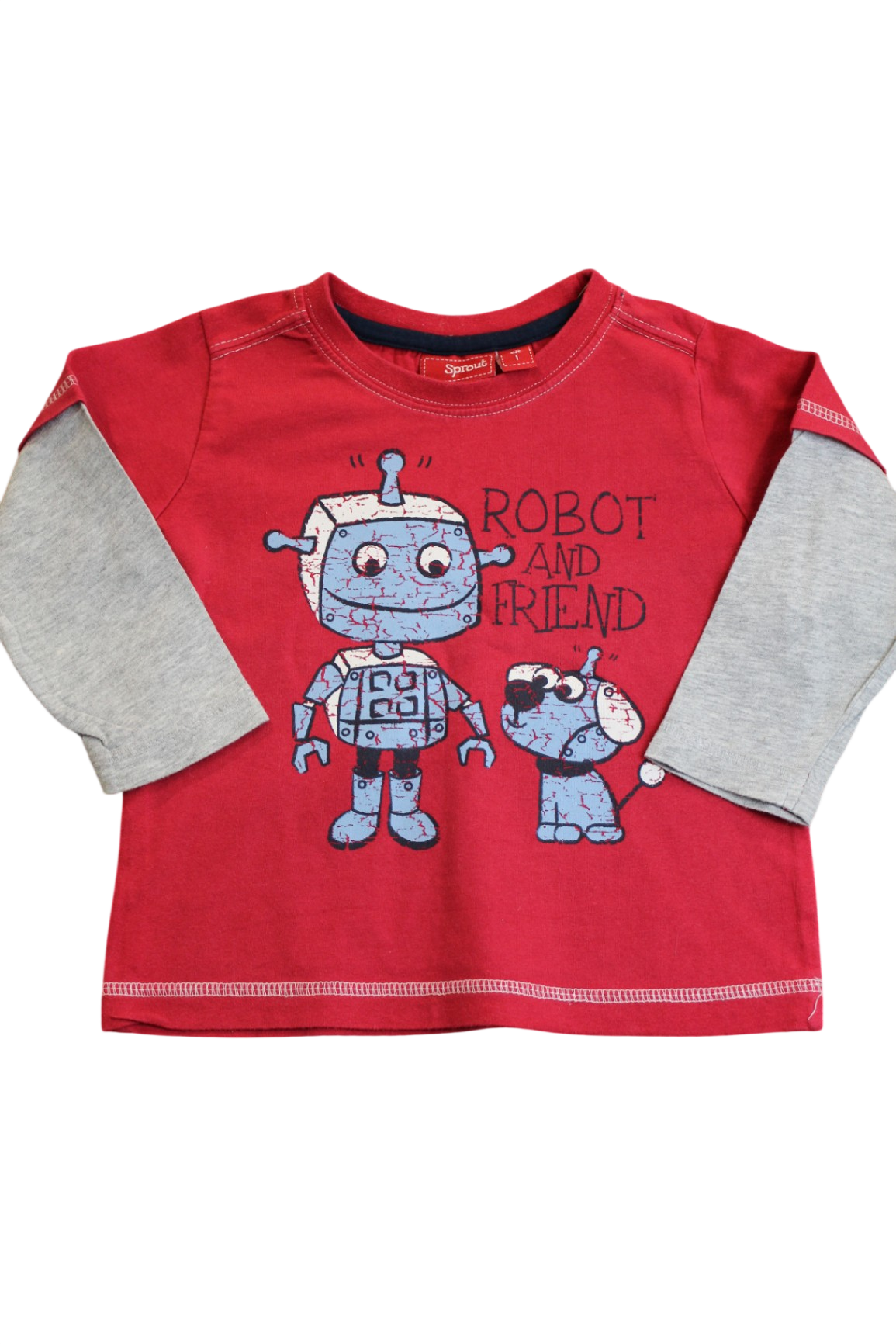 Sprout Long-Sleeve Top, Red, grey, robot, 1