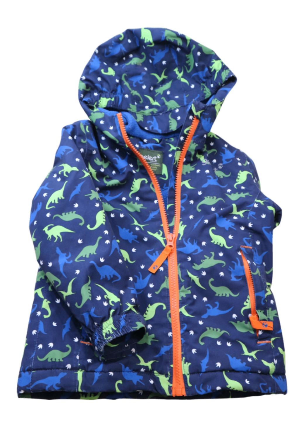 Gelert Jacket, Navy blue with green and blue dinosaur print and orange accents, 2-3