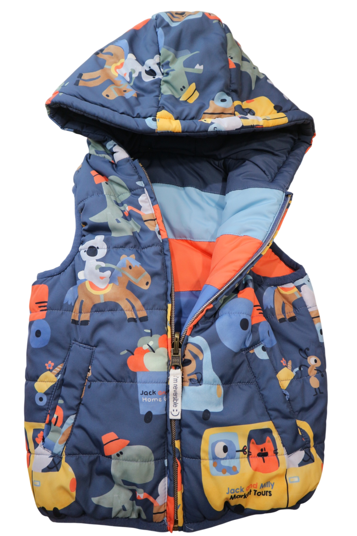 Jack and Milly Puffer Vest (Reversible), Navy Print/Stripe, 3