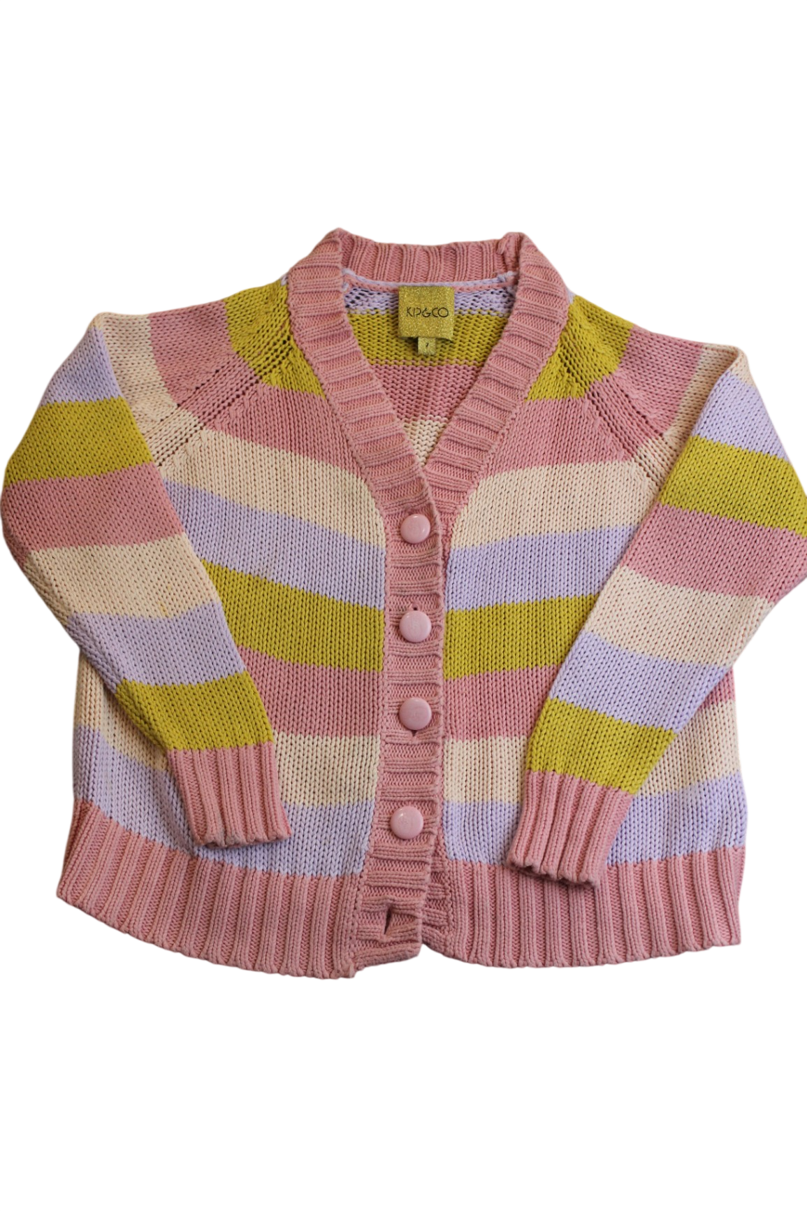 *Kip&Co Knit Cardigan, Pink, yellow, lilac stripe, 7