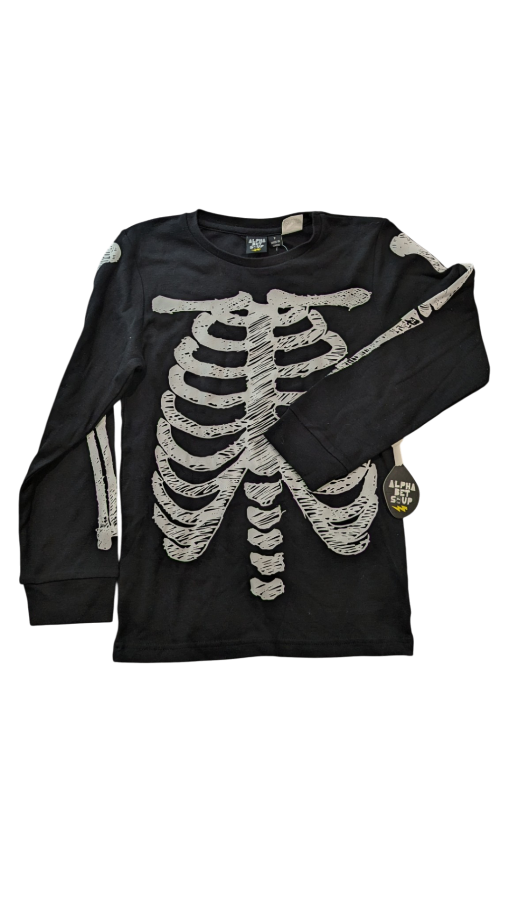 Alpha Bet S'Up Long-Sleeve T-Shirt, Black w White Skeleton, 7