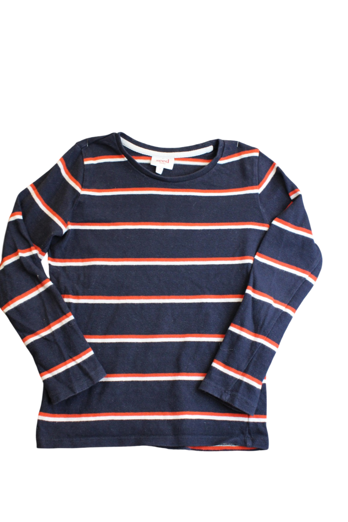 Seed Long-Sleeve T-Shirt, Navy blue with orange and white stripes, 7
