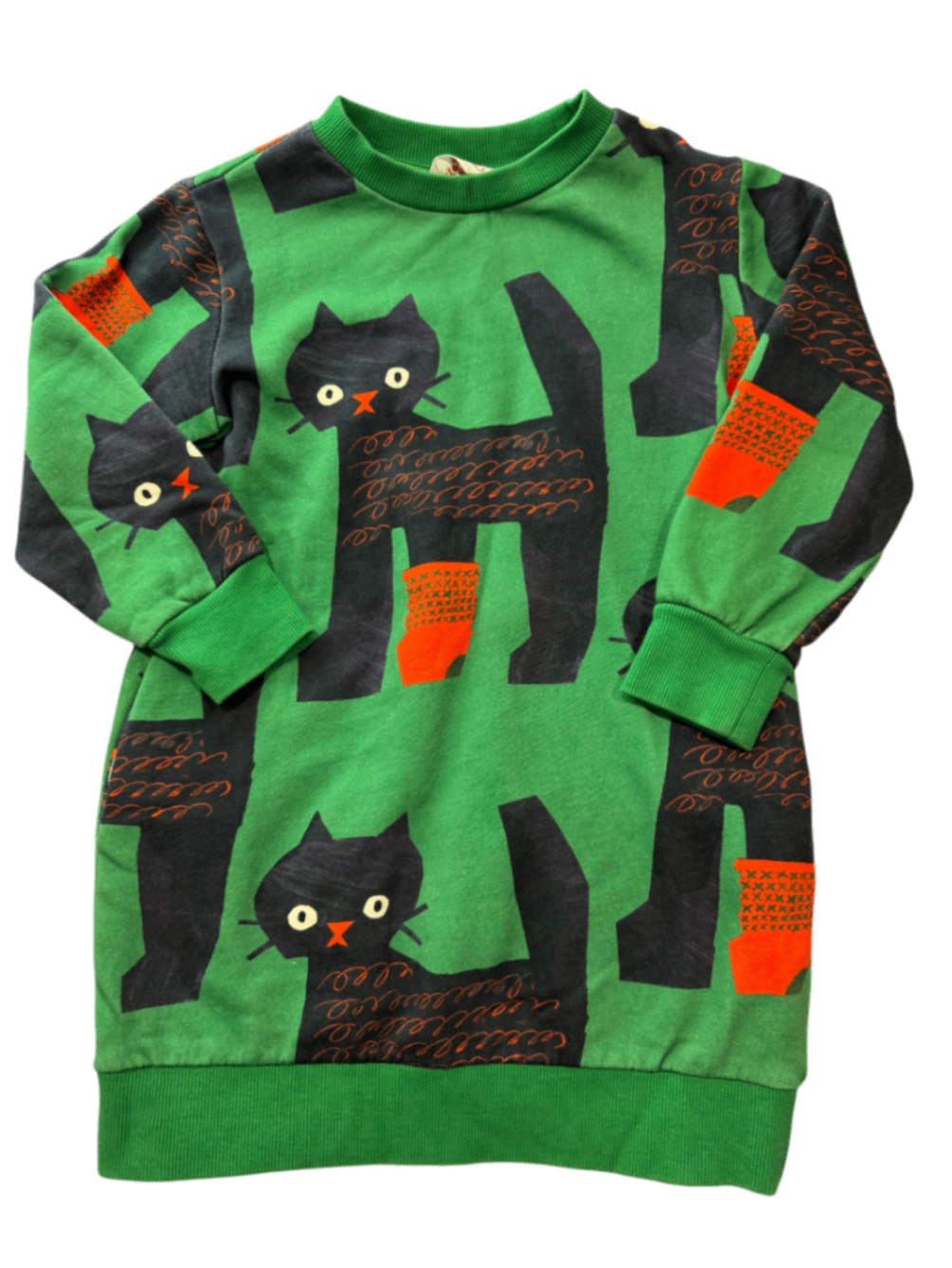 Gorman Playground Dress, Green w Cats, 3-4Y