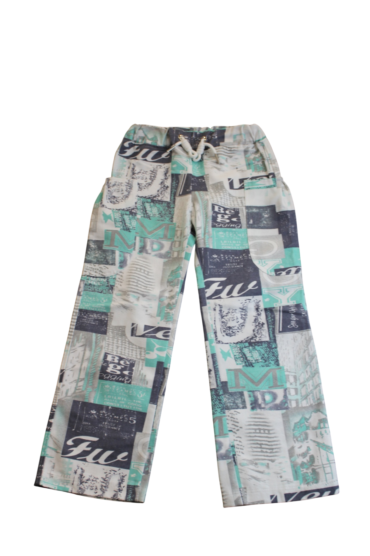 Unknown Pants, Teal, navy, white and grey, 6-7?