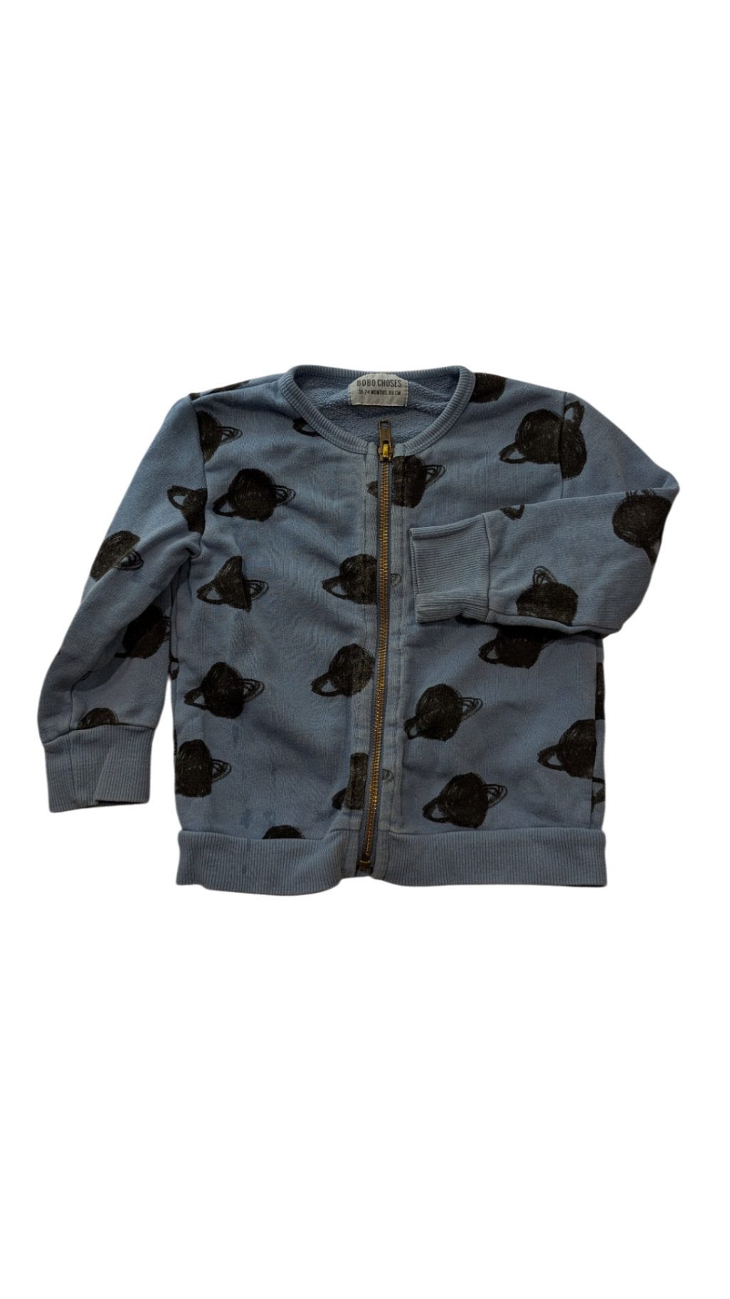 Bobo Choses Zip-Up Jumper, Blue w Black Saturn Print, 18-24M