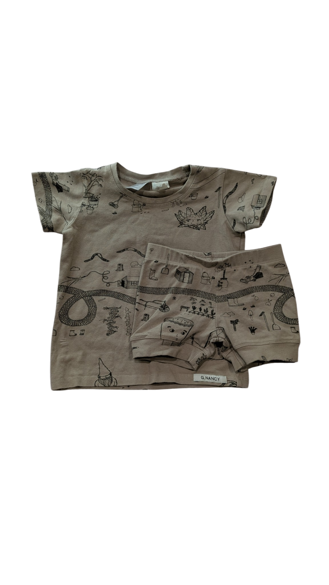 G. Nancy Pajama Set, Taupe w Black Prints, 9-18M