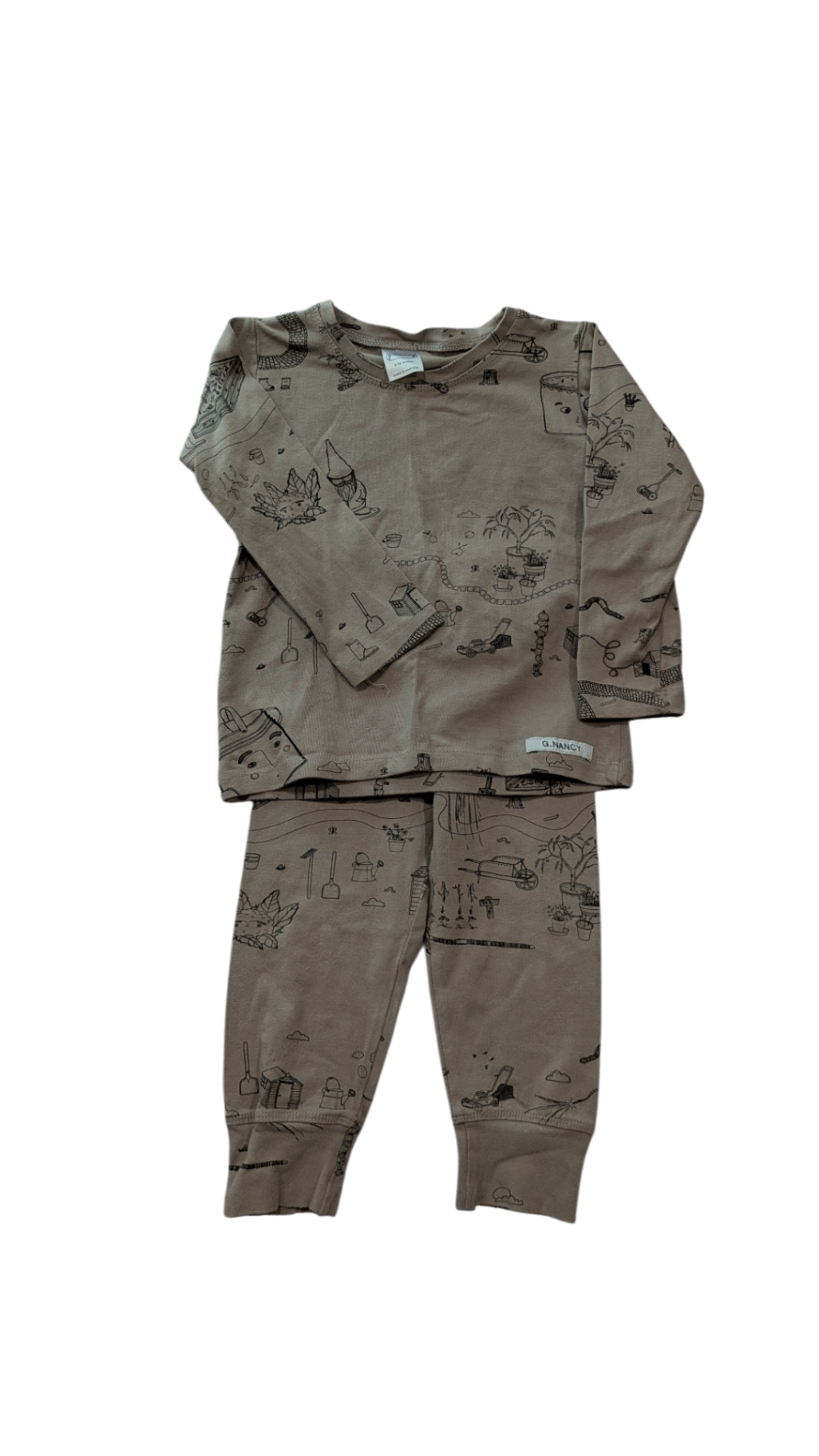 G. Nancy Long Sleeves Pajama Set, Taupe w Black Prints, 9-18M