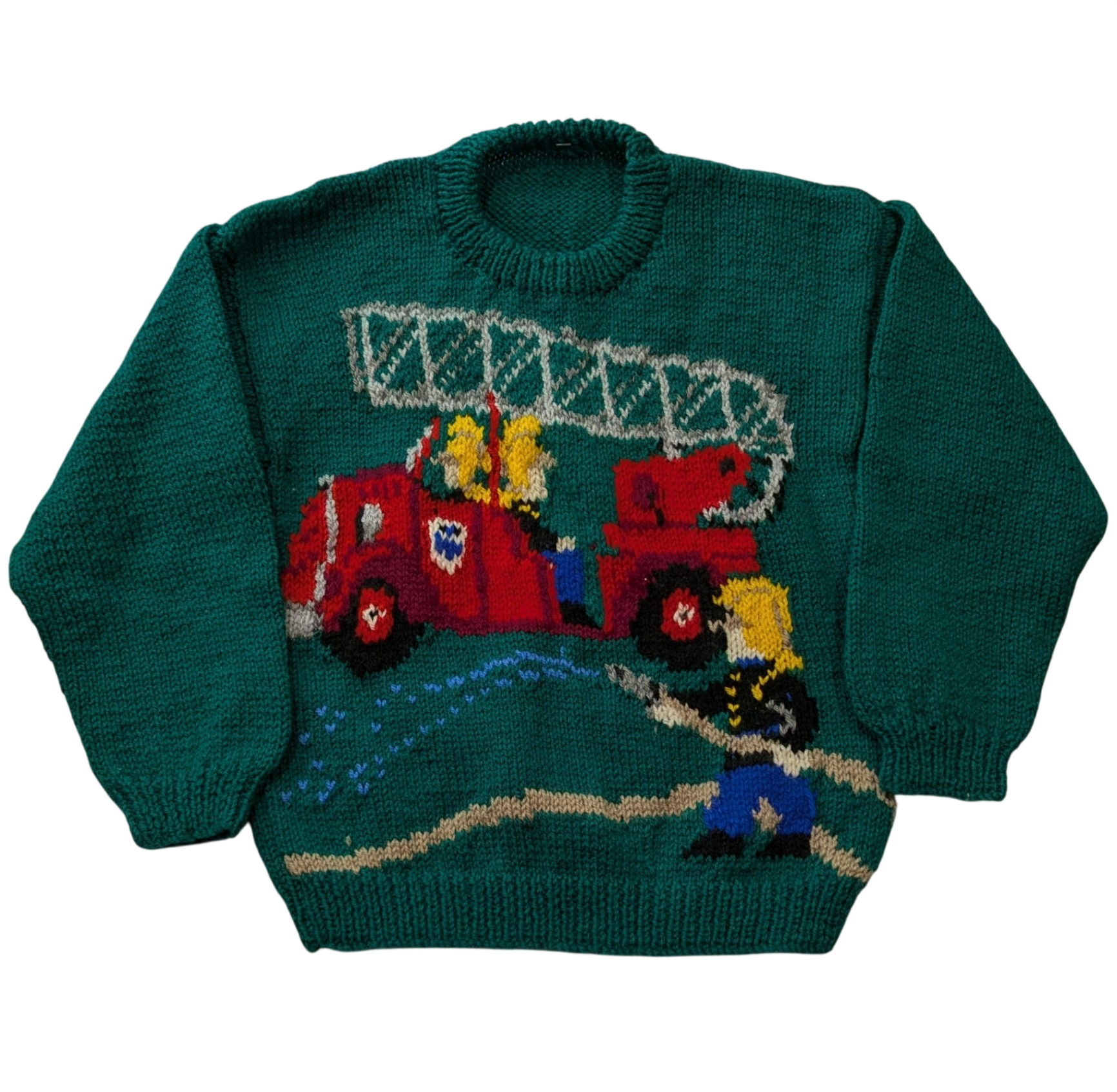 handmade Knit Jumper, Green/Fire truck, 5?