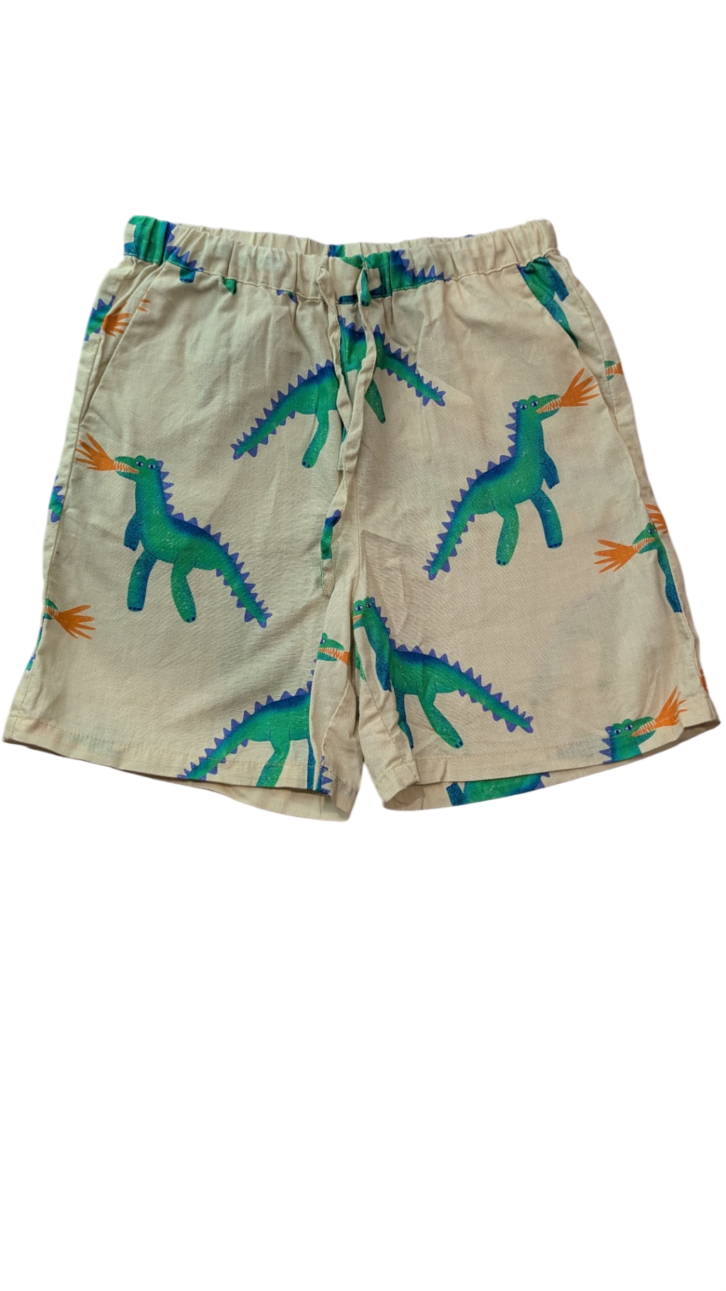 Gorman Playground Shorts, beige with green, blue and orange print, 7-8
