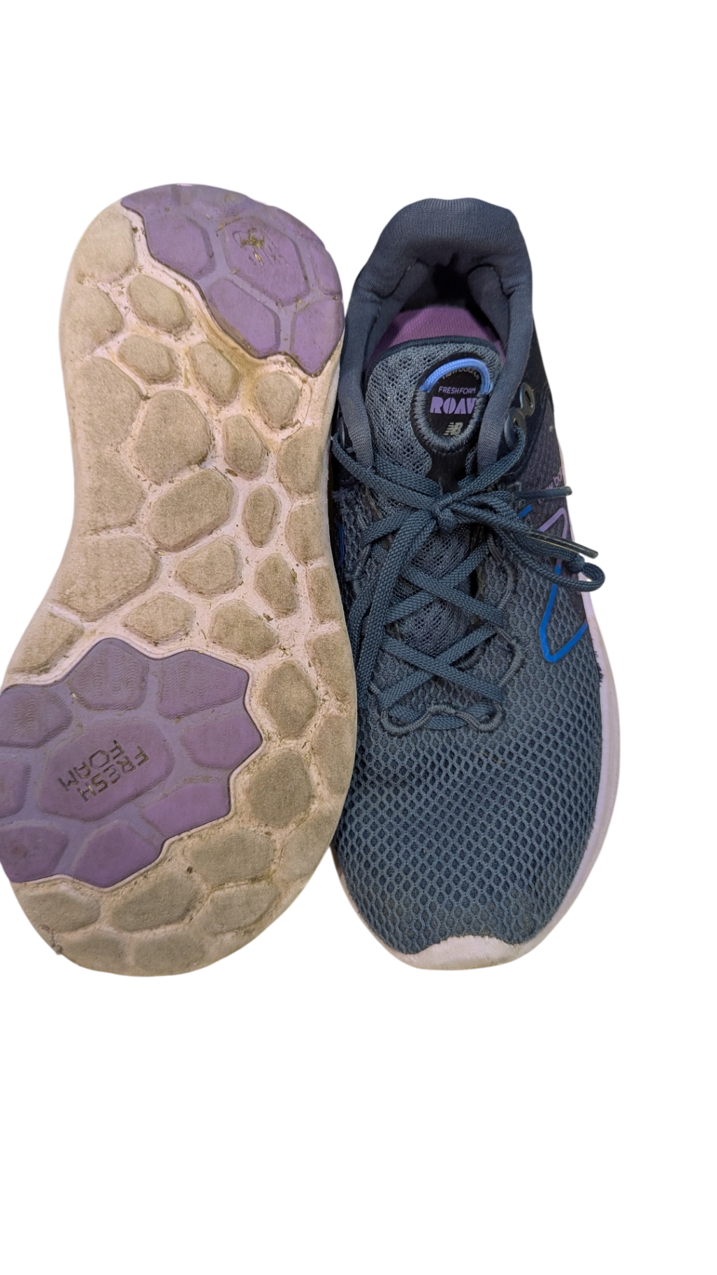 New Balance Sneakers, Dark grey with blue and purple accents,