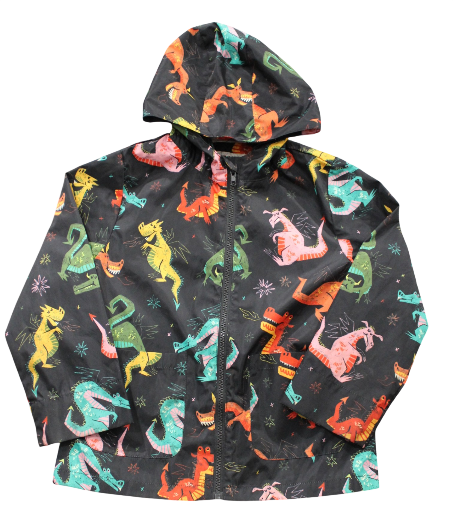 Dangerkids Raincoat, Black with multicolour dragon print, L (6-8)
