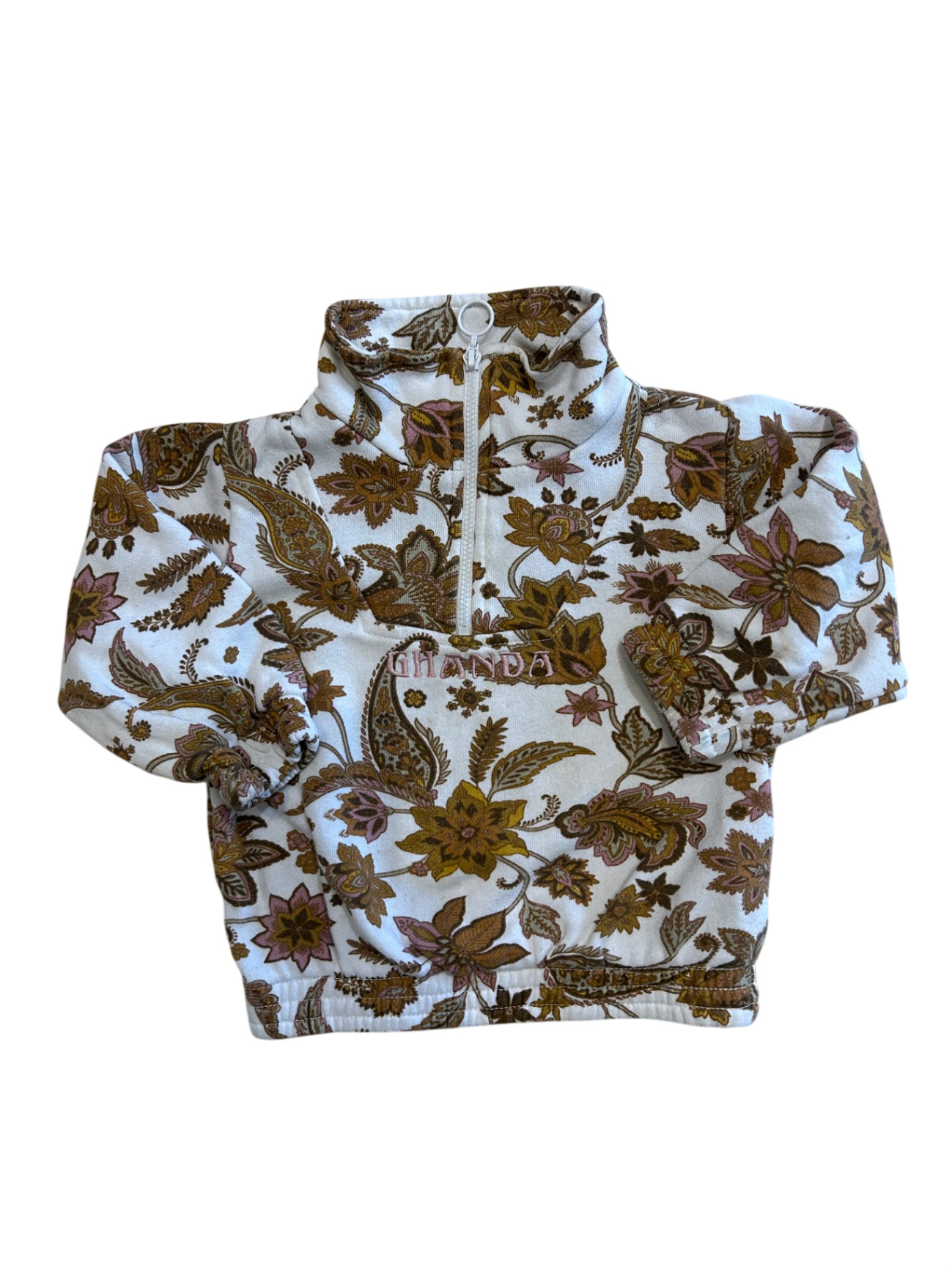 Ghanda Jumper, White with brown, pink and mustard floral print, 1-2
