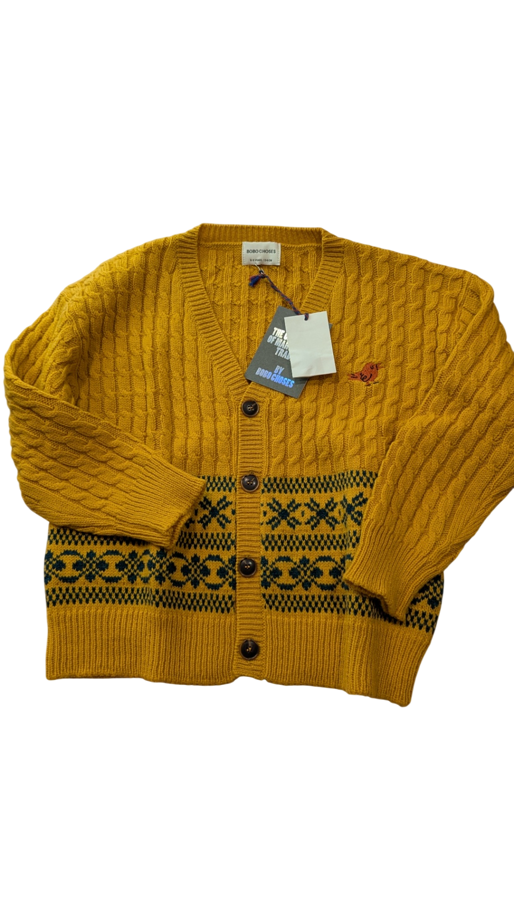 Bobo Choses Cardigan, Mustard yellow with dark green pattern, 8-9y 134cm