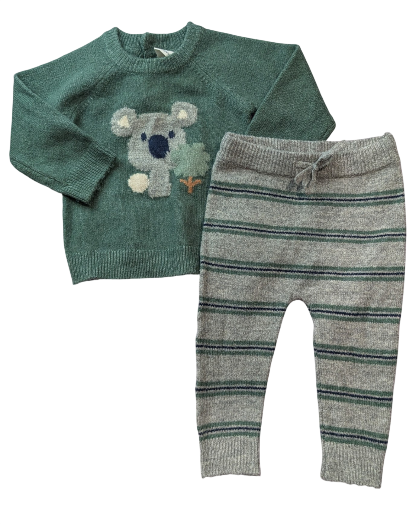 Jack & Milly Jumper & Pants, Green marle/Koala graphic, Grey stripe, 0