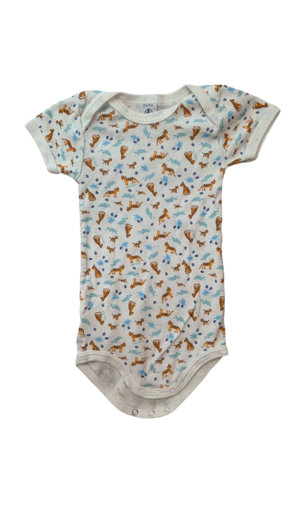 Petit Bateau Bodysuit, White w Tiger Prints, 12M
