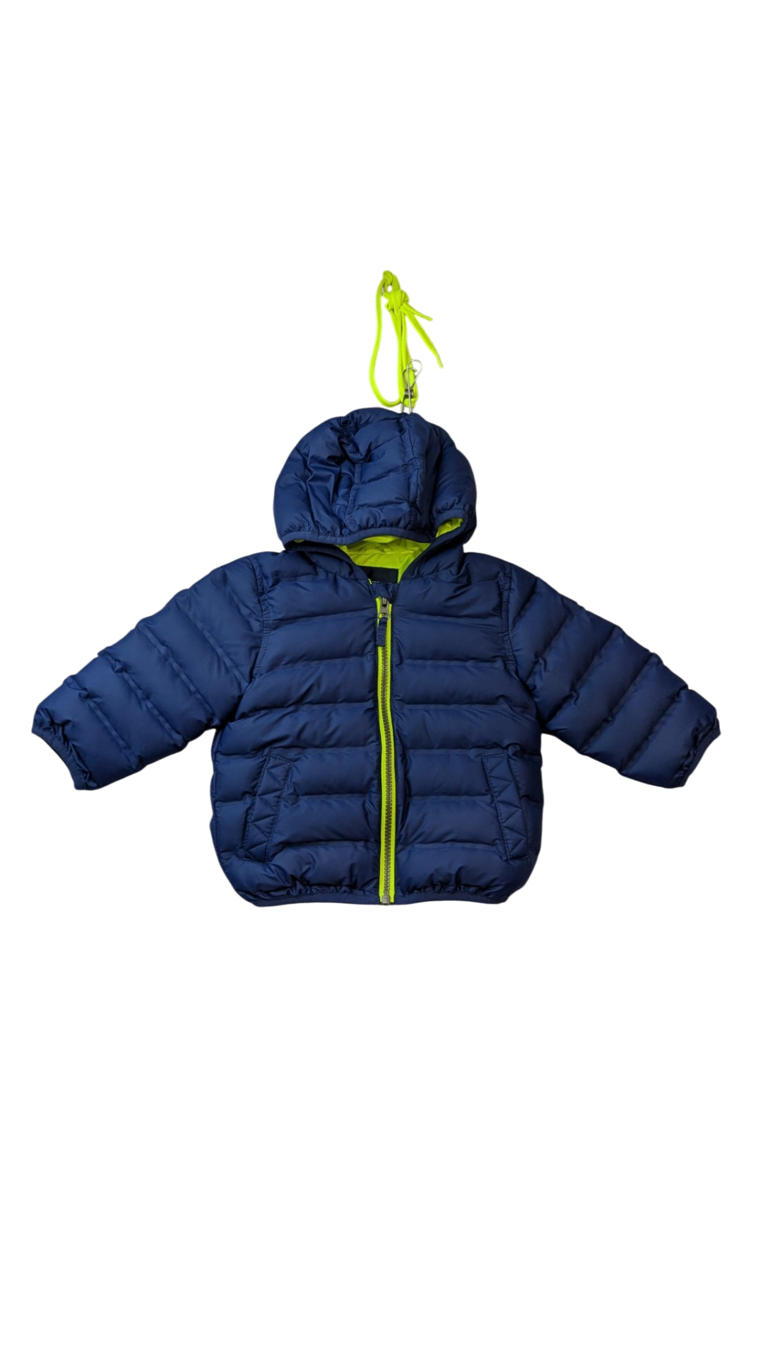 Next Puffer Jacket, Navy w Lime Green Trims, 9-12M