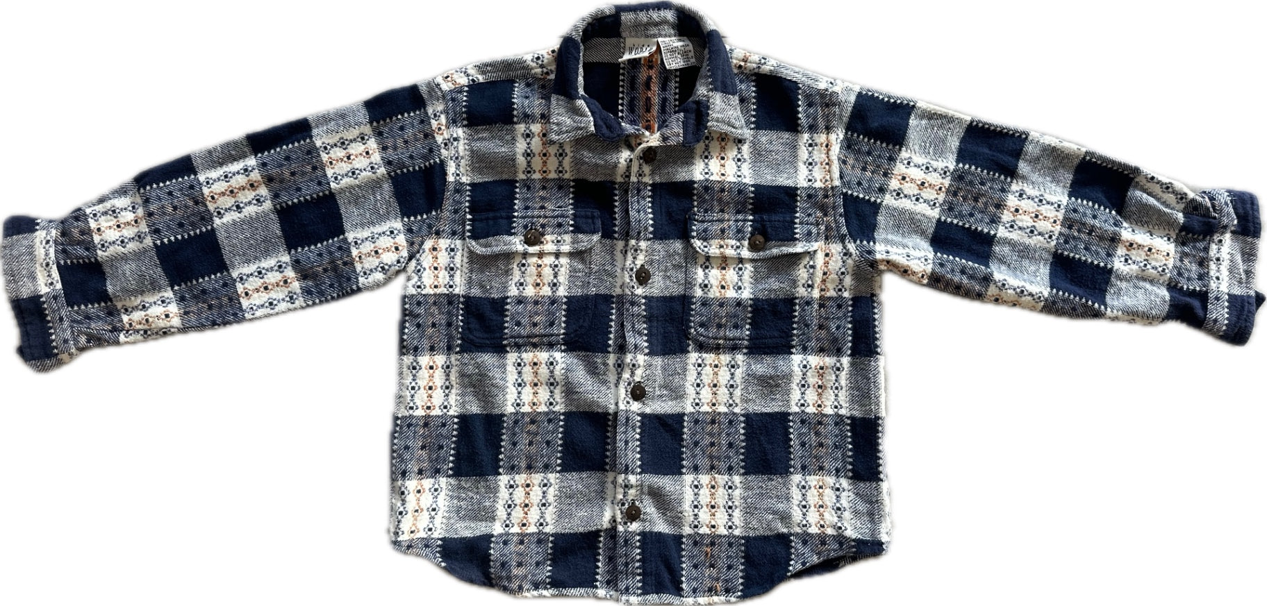 Kids World (vintage) Shirt, Navy, grey, cream and orange, 7