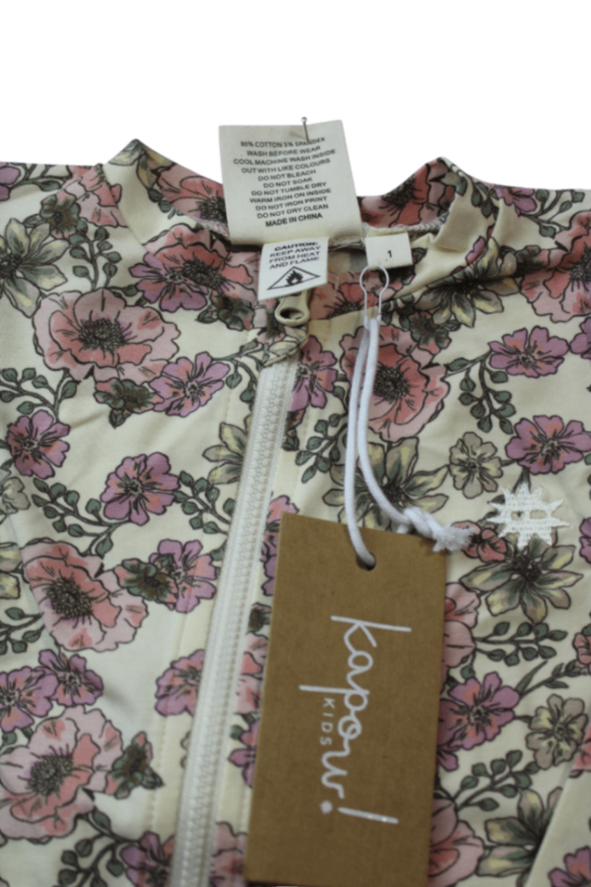 Kapow Kids Jumpsuit, Cream with pink and green floral print, 1