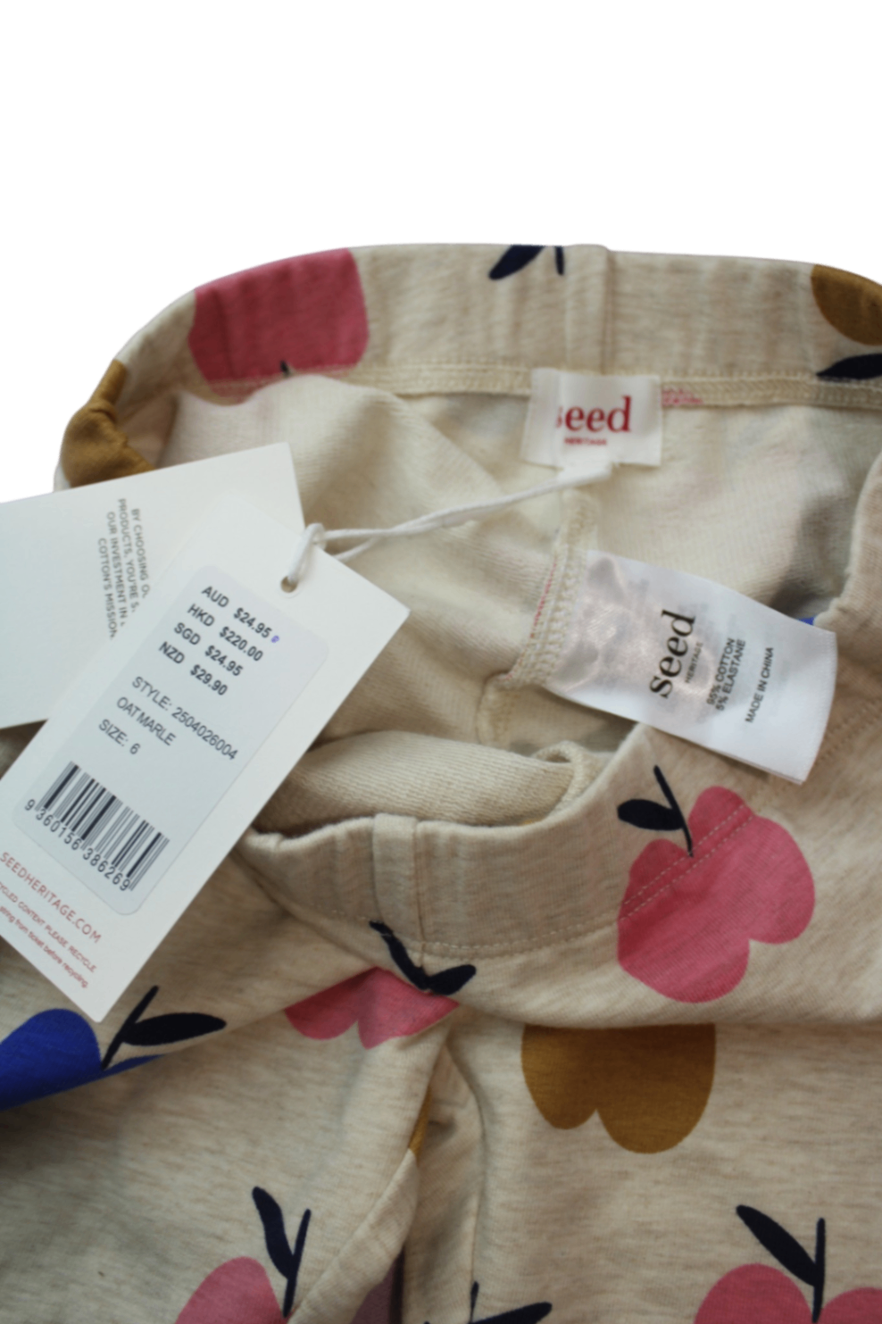 Seed Leggings, Cream with pink, blue and mustard apple print, 6