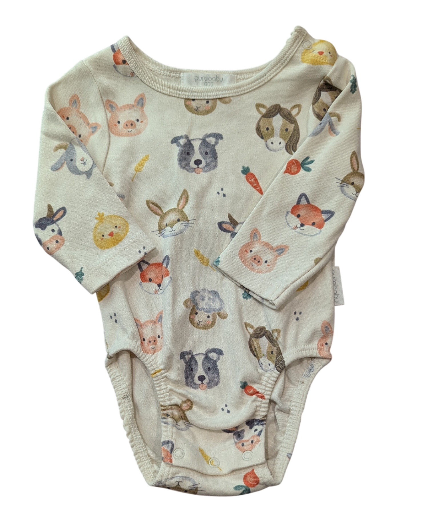 Purebaby Bodysuit, Cream with multicolour animal print, 000