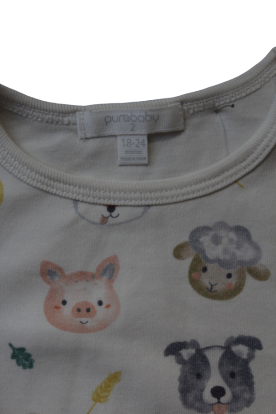 Purebaby Bodysuit, Cream with multicolour animal print, 2 (18-24 months)