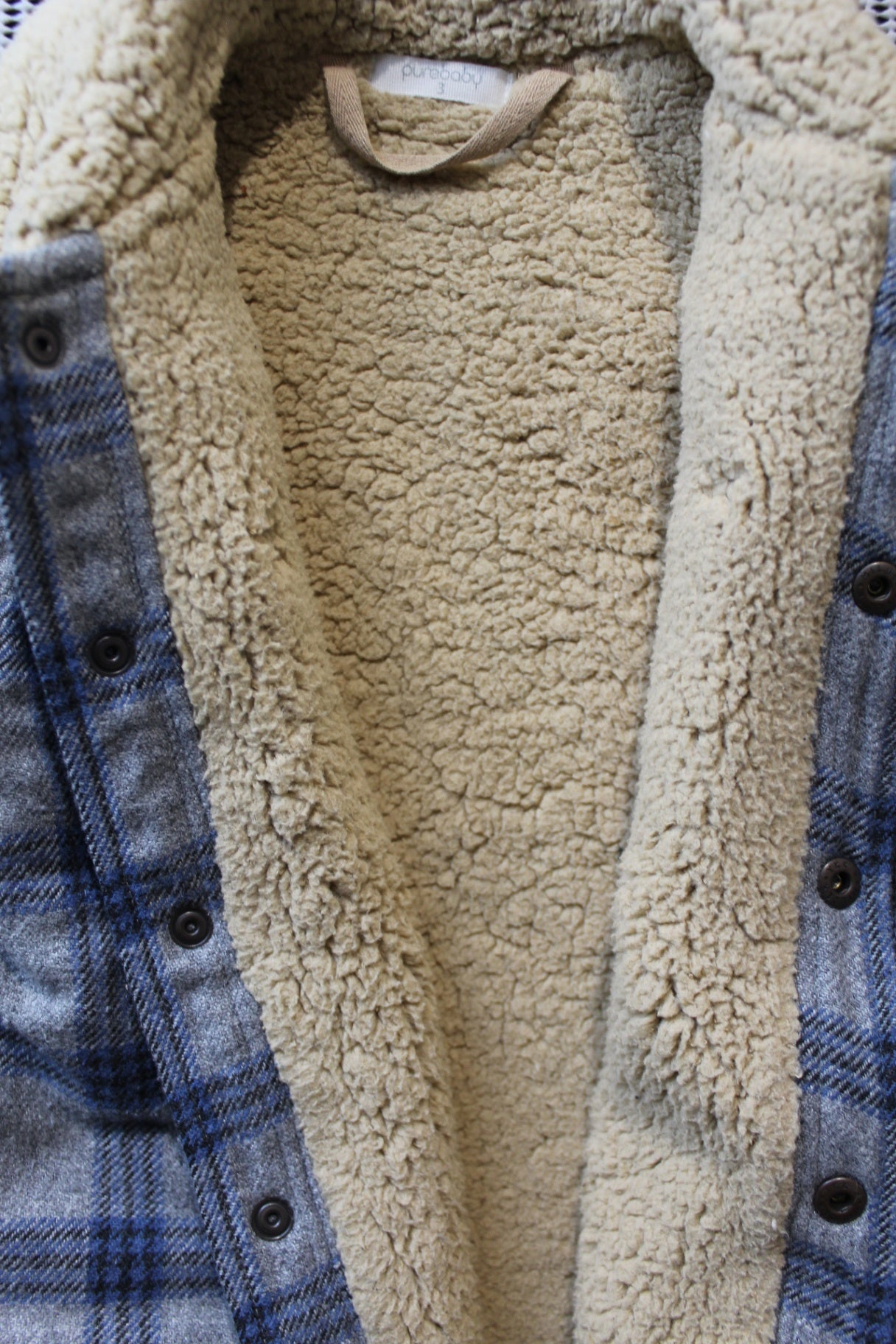 Purebaby Jacket, Blue/grey flannel and beige sherpa, 3