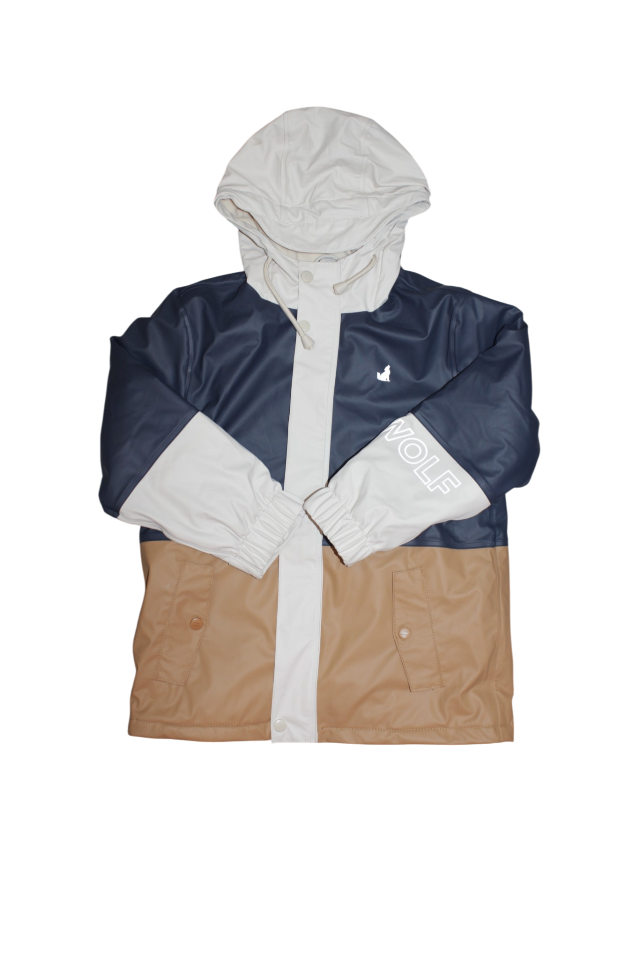 Cry Wolf Raincoat, Navy blue, white, tan, 6