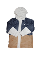 Cry Wolf Raincoat, Navy blue, white, tan, 6