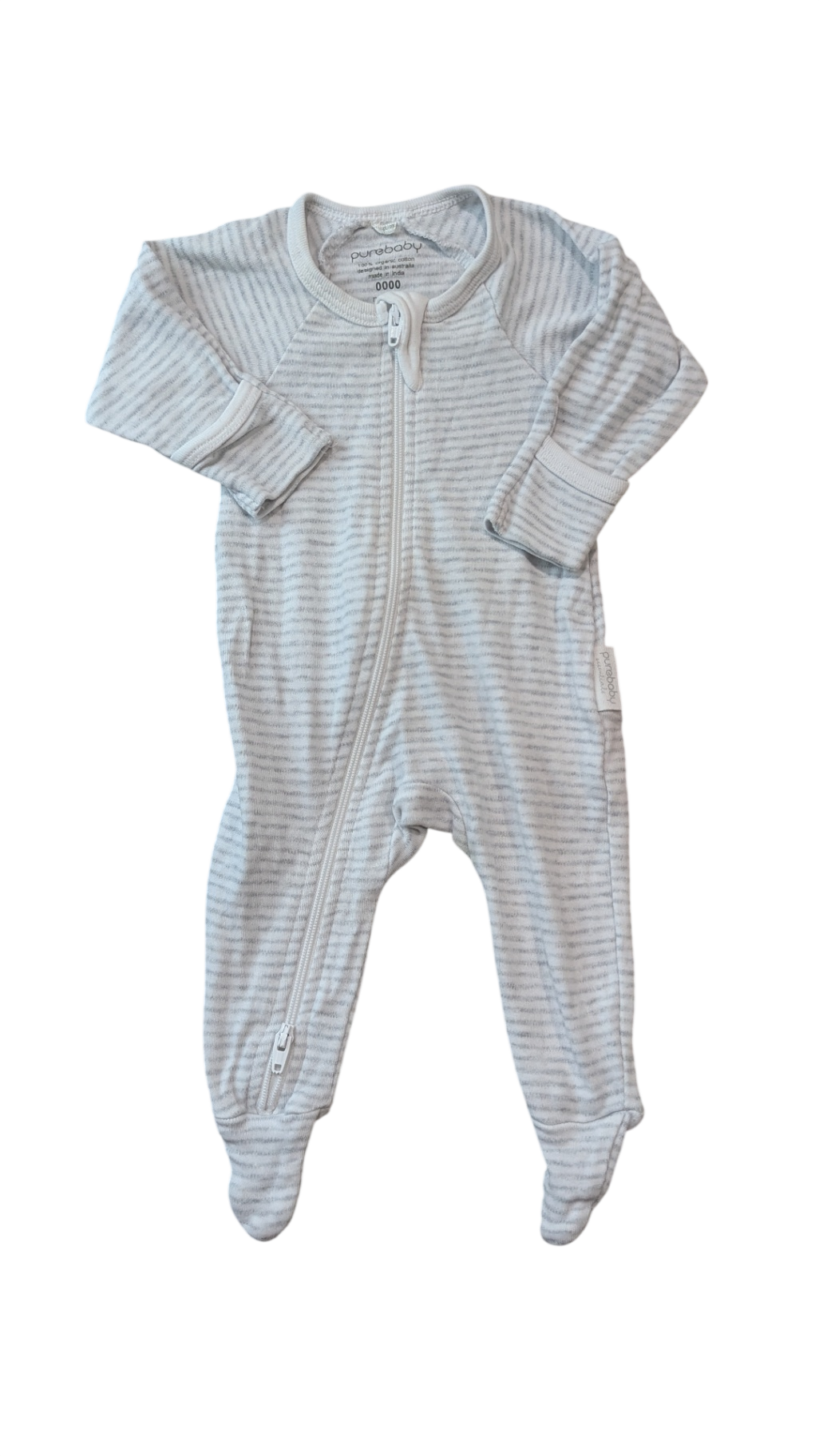 Purebaby Jumpsuit, Grey and white striped, 0000