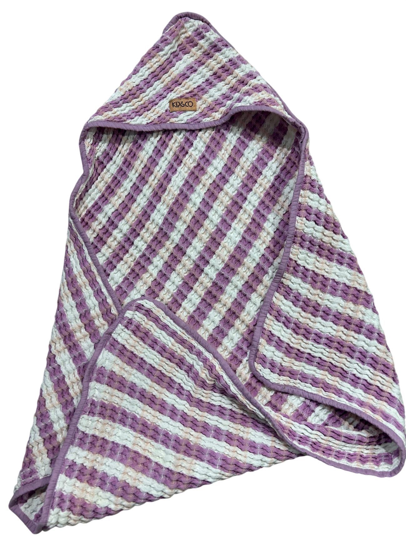 Kip & Co hooded Towe, Lavender and off-white with purple borders, Approx 70cm x 70cm