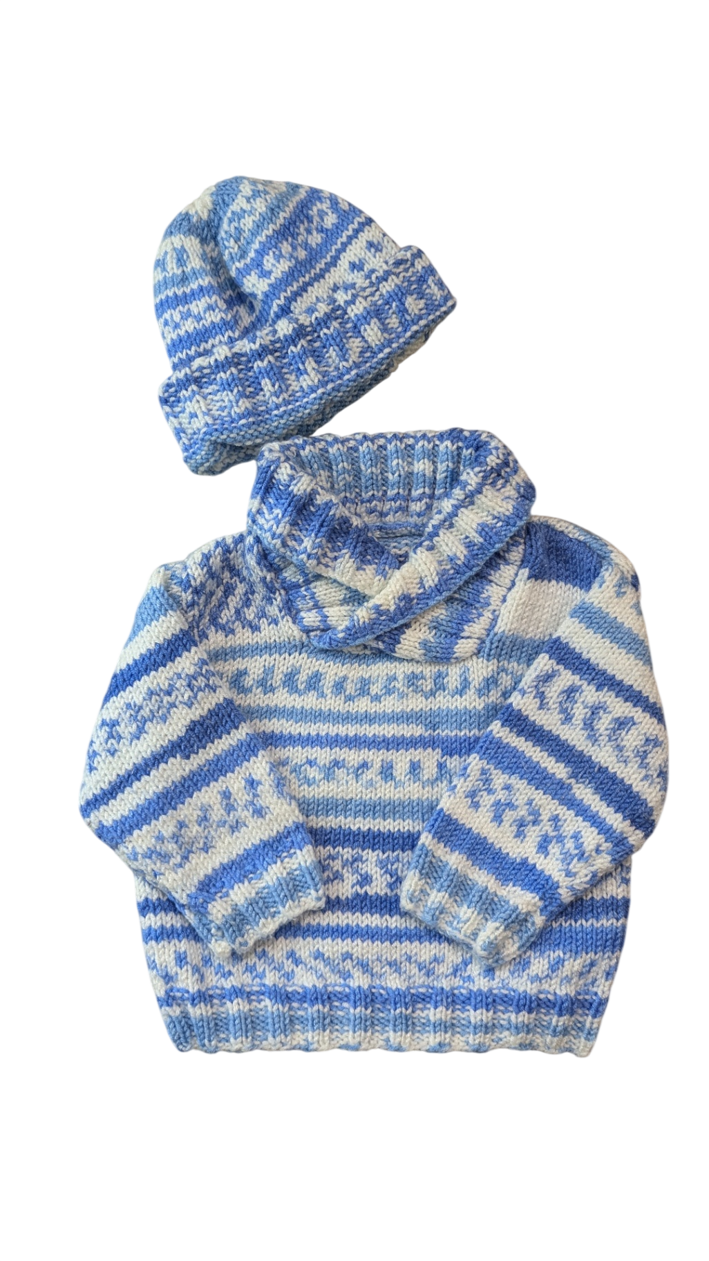 Handknit Knitwear & Beanie Set, Blue and white, approx 00