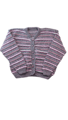 Handknit Knit Jumper, Grey with pink and white stripes, 8-9