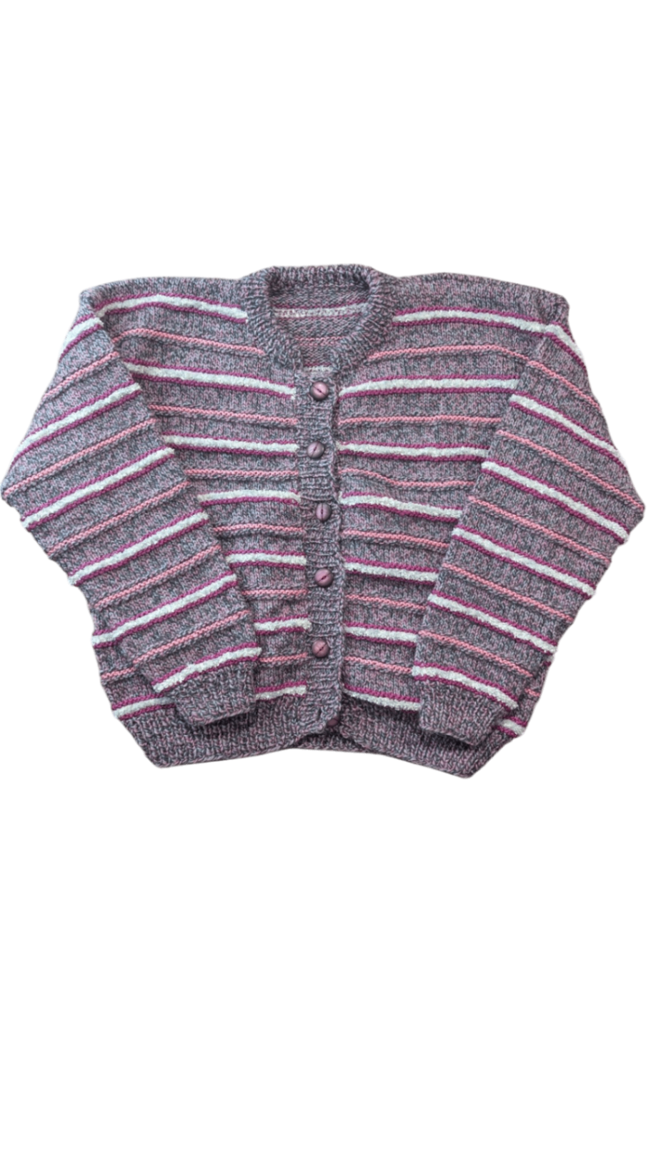 Handknit Knit Jumper, Grey with pink and white stripes, 8-9