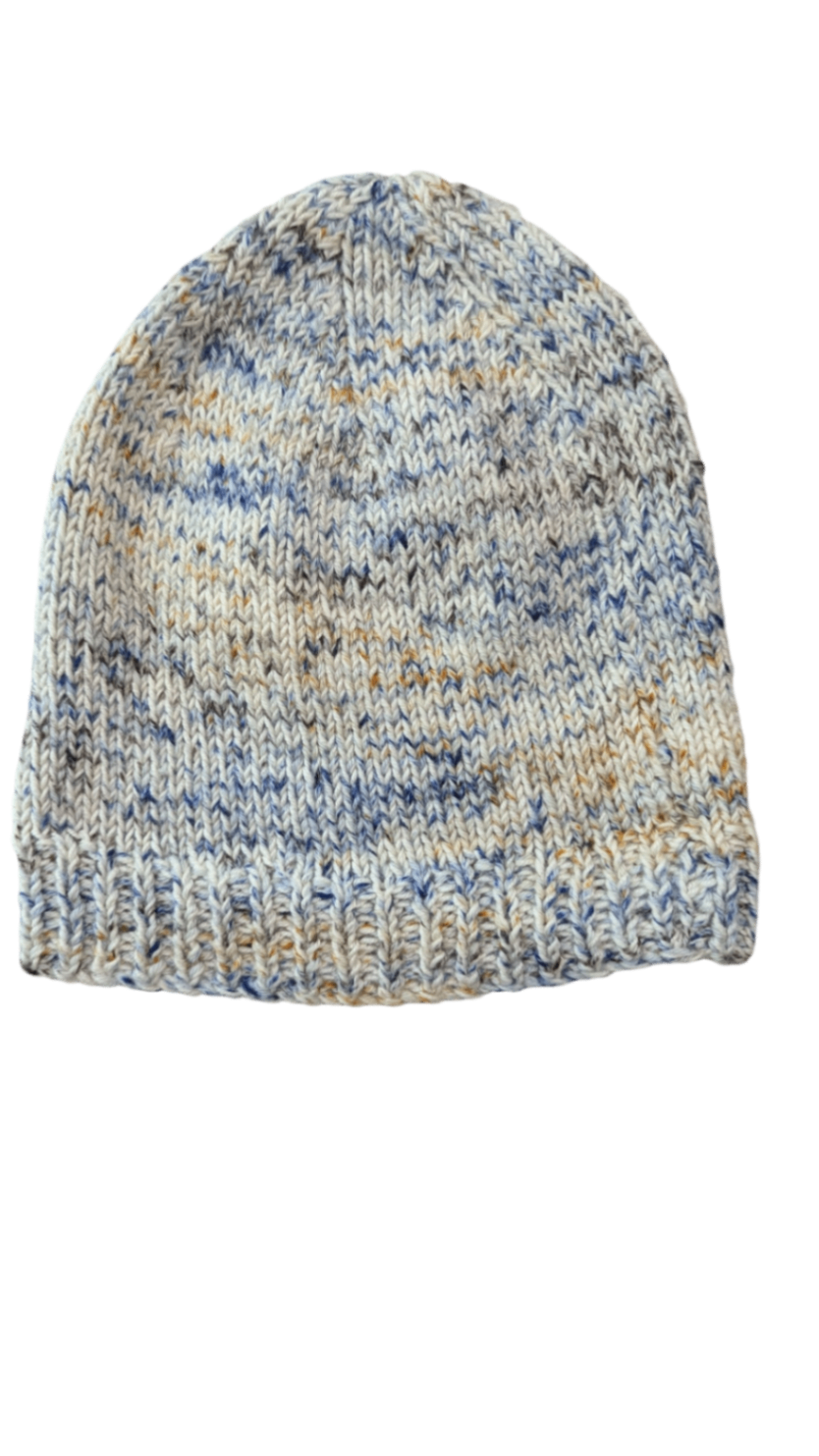 Handknit Hat, Multi-colored (predominantly grey, blue, and brownish tones),