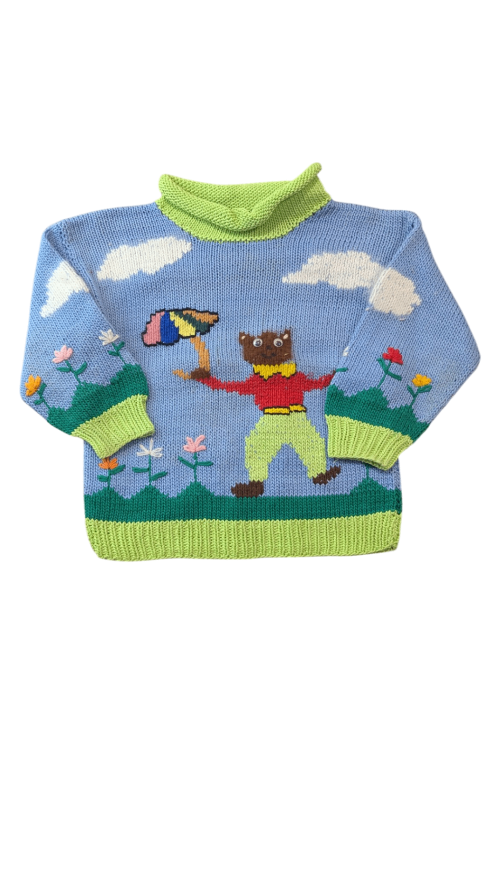 Handknit Sweater, Blue, green, red, yellow, brown, pink, orange, white, black, 3-4