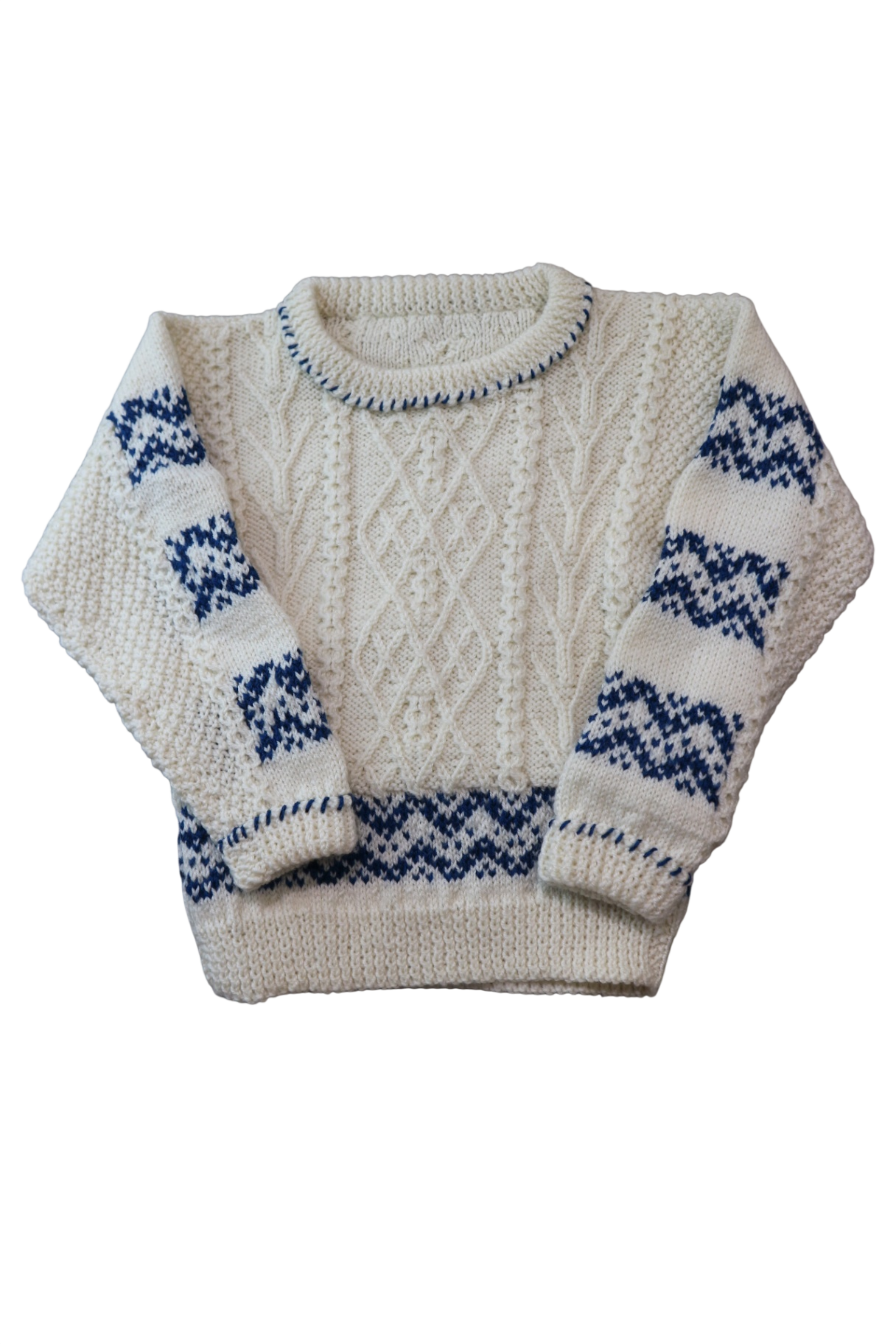 Handknit Knitted Sweater, Cream with Blue accents, 6