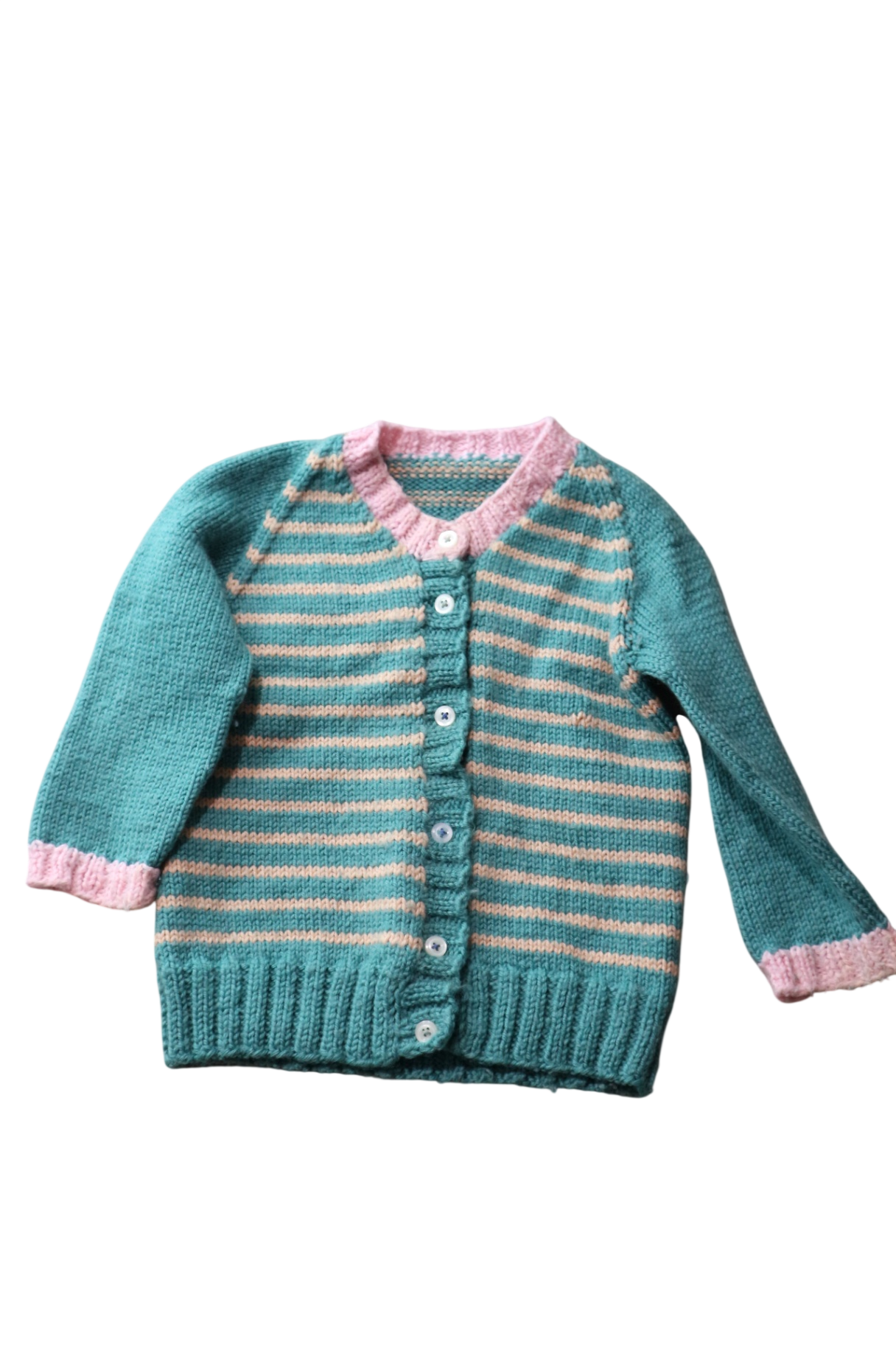 Handknit Cardigan, Teal and pink, 2-3