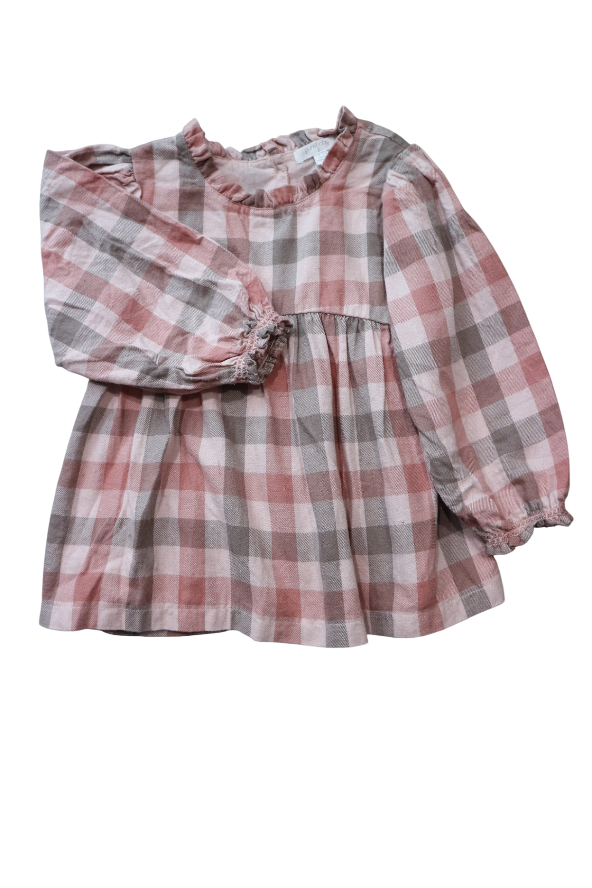 Purebaby Shirt Dress, Pink, grey and white, 2