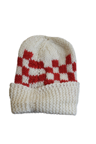 Hand knit Baby Hat, Cream and red, 00-0