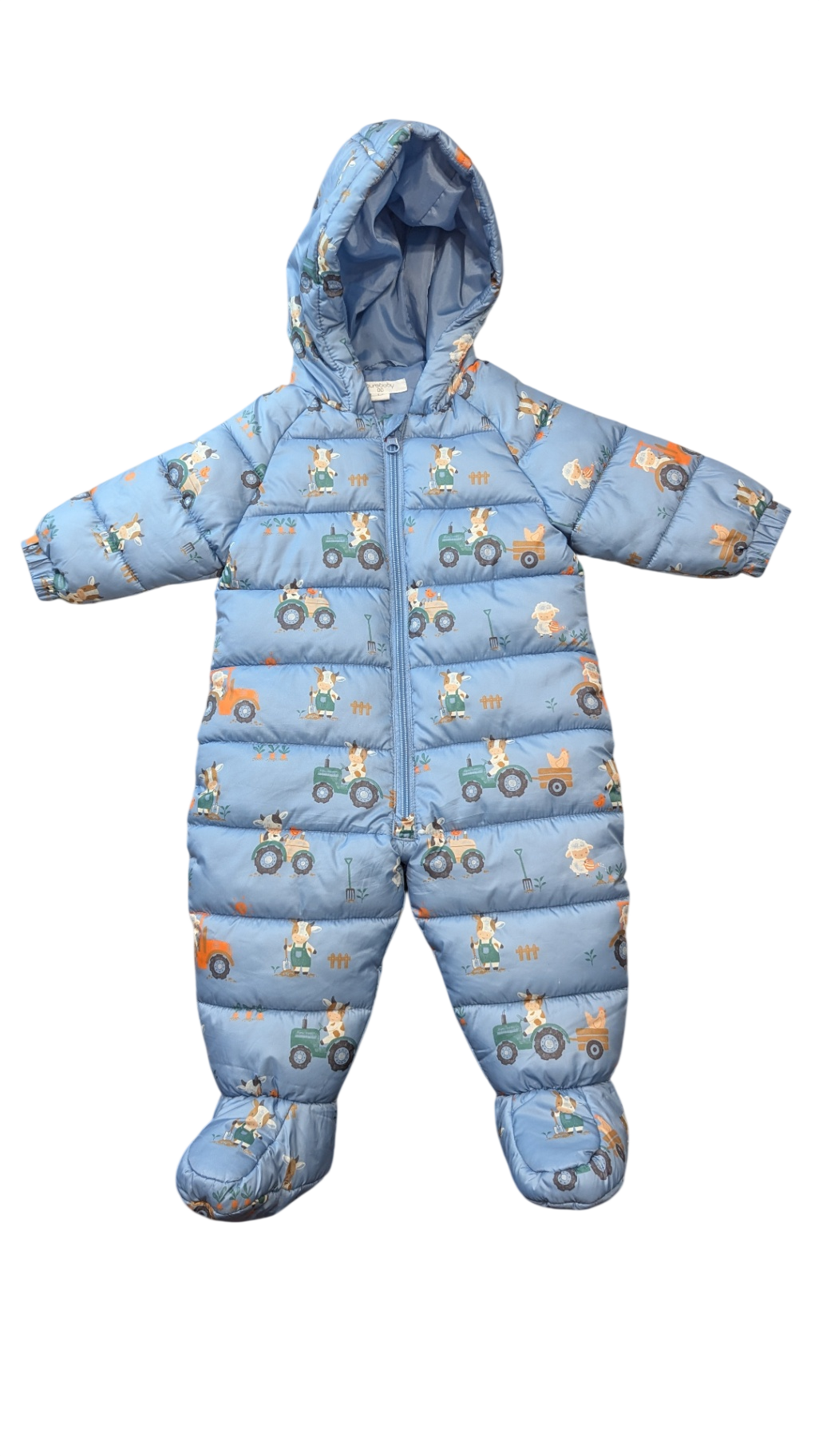 Purebaby Puffer Jumpsuit, Blue/cow farmer print, 00