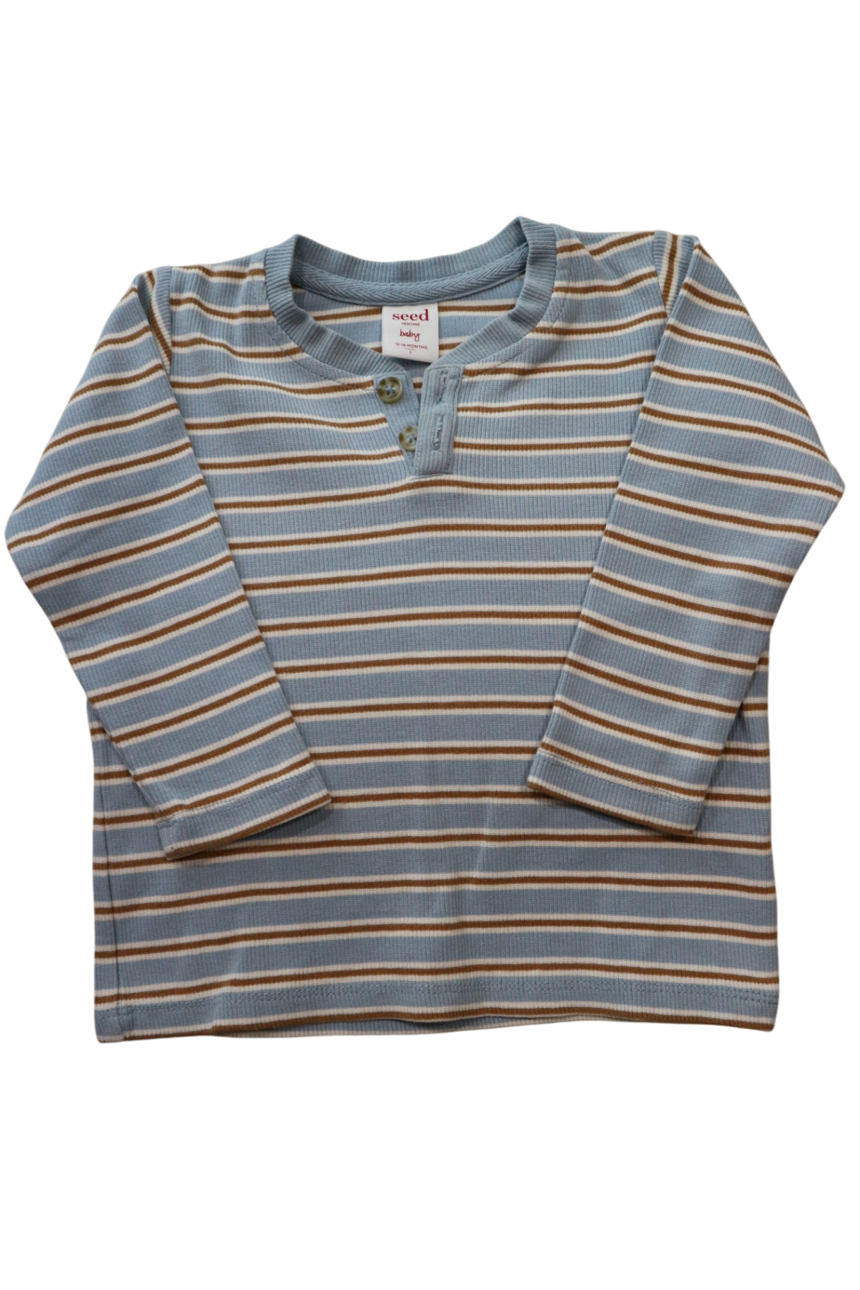 Seed Heritage Long-Sleeve T-Shirt, Light blue with white and brown stripes, 1