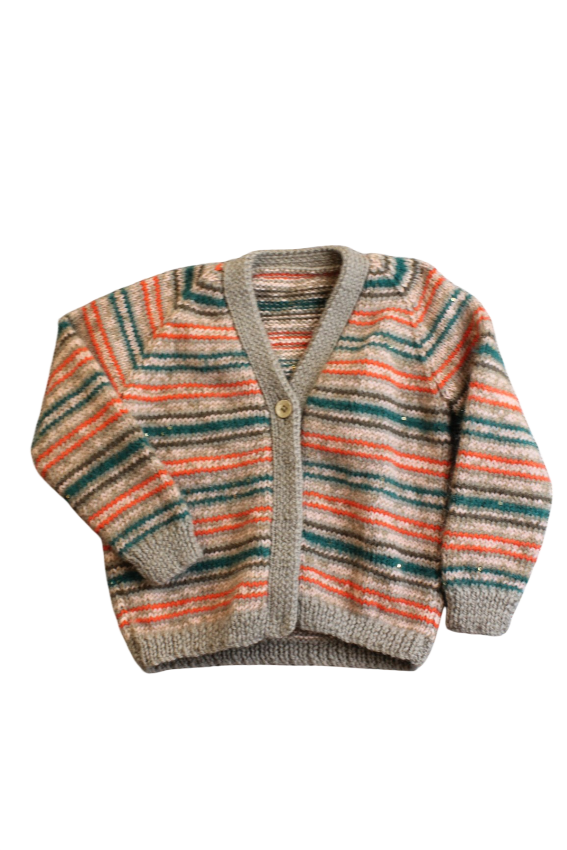 Handknit Cardigan, Grey, teal, coral and cream striped, 2-4